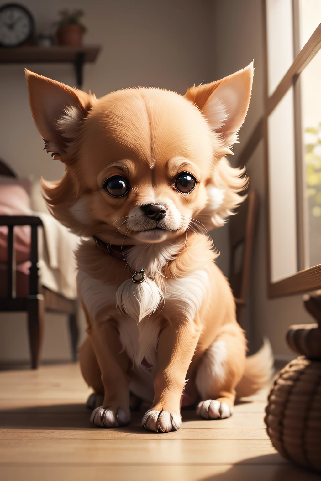 crie uma imagem estilo filme de desenho infantil de uma calopsita de penas amarelas e crista espetacular e uma cachorra chihuahua de pelos marrons