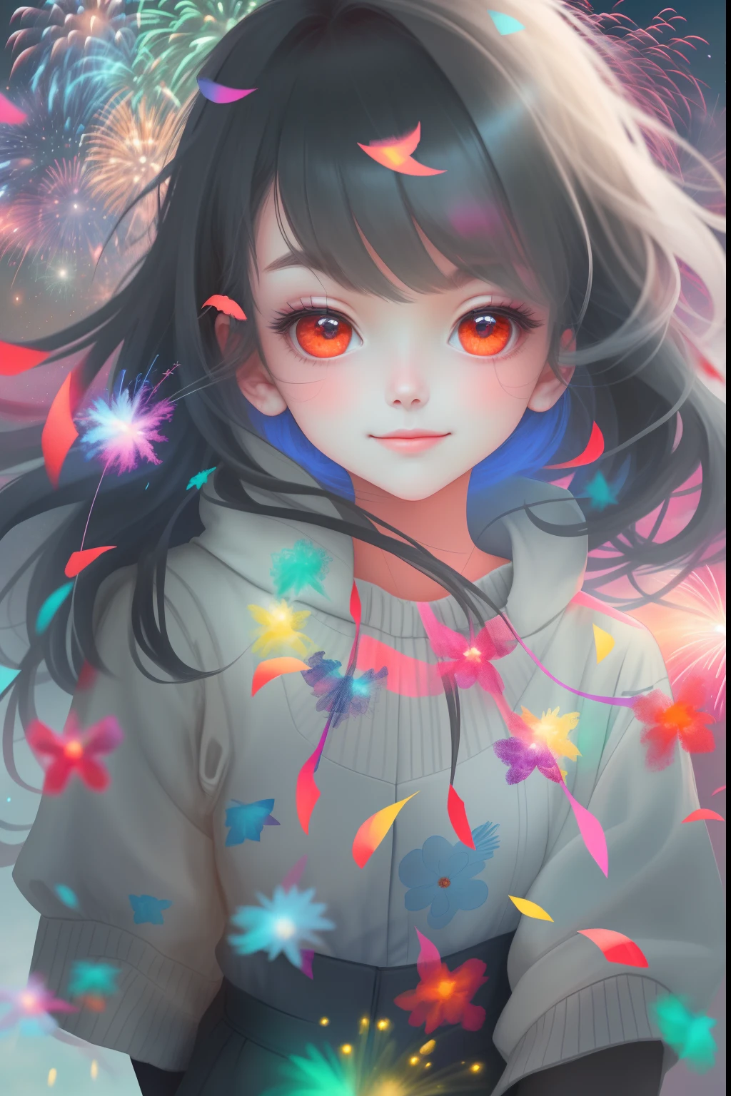 1girll,sideface,Sideways, Expose the whole body,Nice face,red pupils,Gray-black hair,Fireworks in bloom,Colorful fireworks,fire works,daysies,Floating in the sky,brightly,cheerfulness,Warm and soft lighting,early evening,Blue,light cloud,Bar cloud