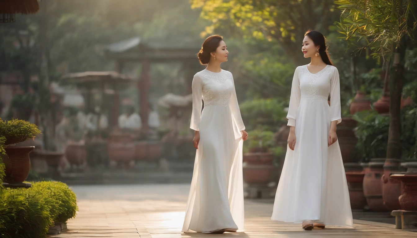 arafed woman in a white dress standing in a courtyard, ao dai, vietnamese woman, with a long white, wearing white dress, beautiful asian girl, milky white skin, long white dress, beautiful asian woman, beautiful long white dress, in style of lam manh, white sleeves, asian woman, asian girl, white trendy clothes, a beautiful woman in white