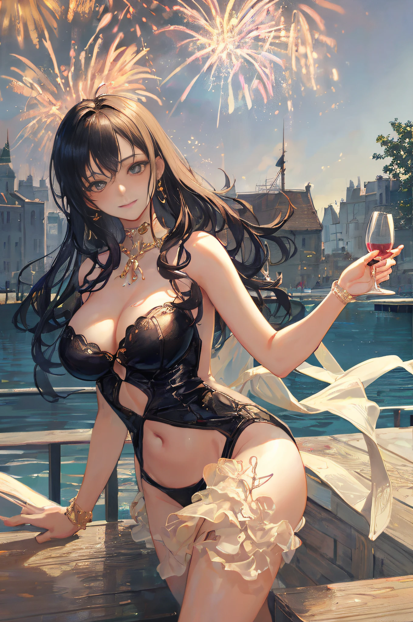 ((A sexy and beautiful woman holding a wine glass and looking at me on the terrace)), ((The cutest 22-year-old beauty)), Charming smile, ((Fireworks in the background) ), ((Very long hair) ), ((One piece with a lot of exposed parts)), ((Rich bust)), Gradient eyes, Seductive makeup, Single view, NFFSW, UHD, Retina, Masterpiece, Accurate, Anatomy Scientifically correct, textured skin, super detail, high detail, high quality, award winning, highest quality, high resolution, 1080P, HD, 4K, 8k, 16k