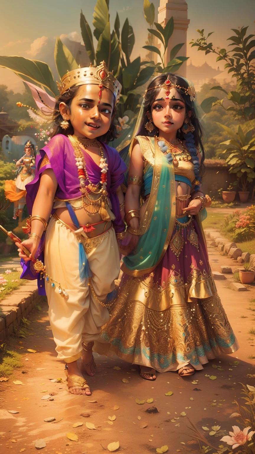 Goddess Radha and Lord Krishna as childs playing in the garden , Indian God, 8K render, facing towards the viewers