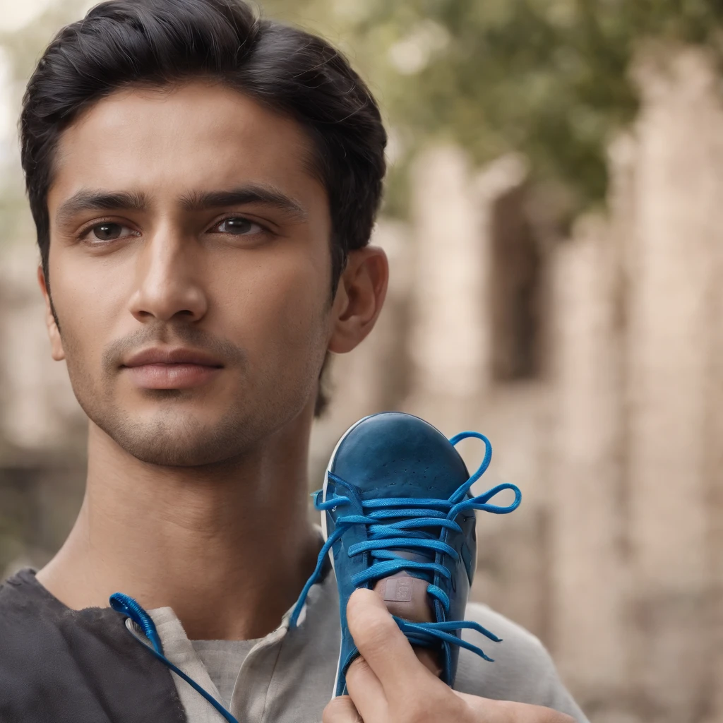 arafed image of a man holding a shoe with a blue shoelace, a portrait inspired by Kailash Chandra Meher, cg society contest winner, cobra, advertising photo, product advertisement, photography shot, advertising photography, salomon, official product photo, ad image, promo image, advertisement photography, cover shot, sneaker photo, running shoes, eng kilian