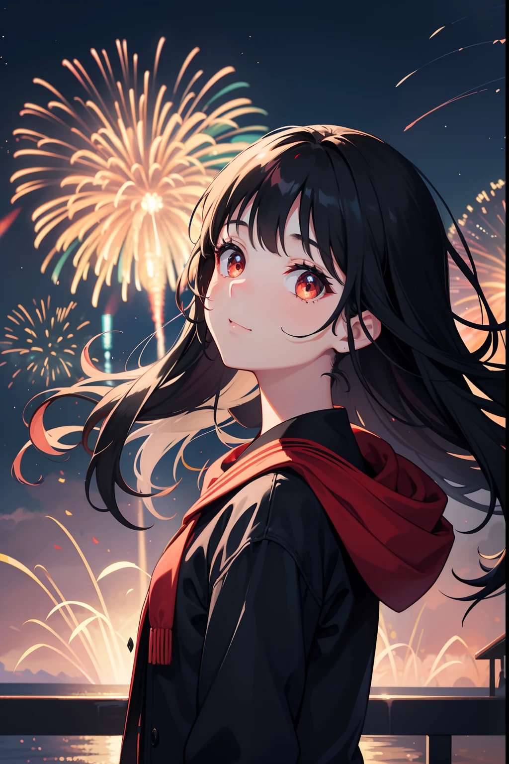 1girll,sideface,Sideways, Expose the whole body,Nice face,red pupils,Gray-black hair,Fireworks in bloom,Colorful fireworks,fire works,daysies,Floating in the sky,brightly,cheerfulness,Warm and soft lighting,early evening,Blue,light cloud,Bar cloud