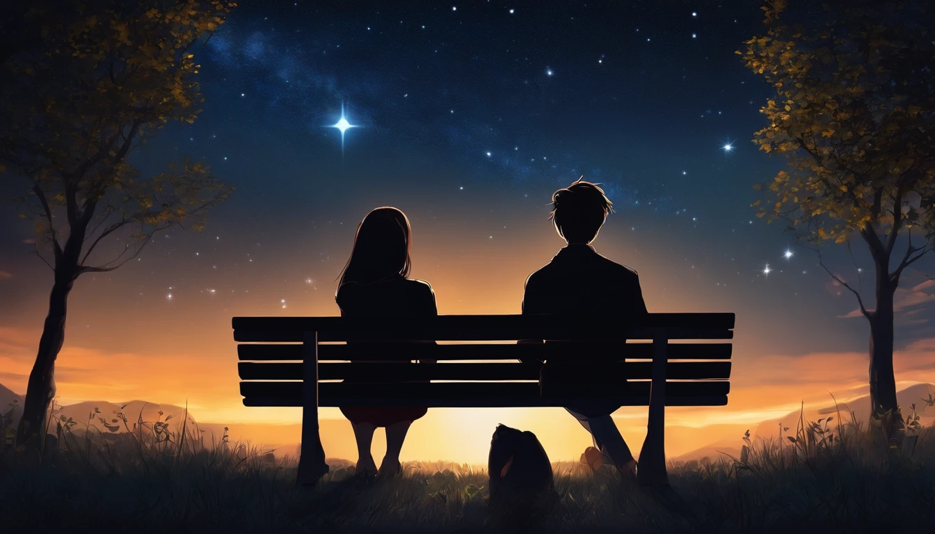 Make a couple of teenage anime version looking at the stars sitting on a bench, with the sight of their backs, couple