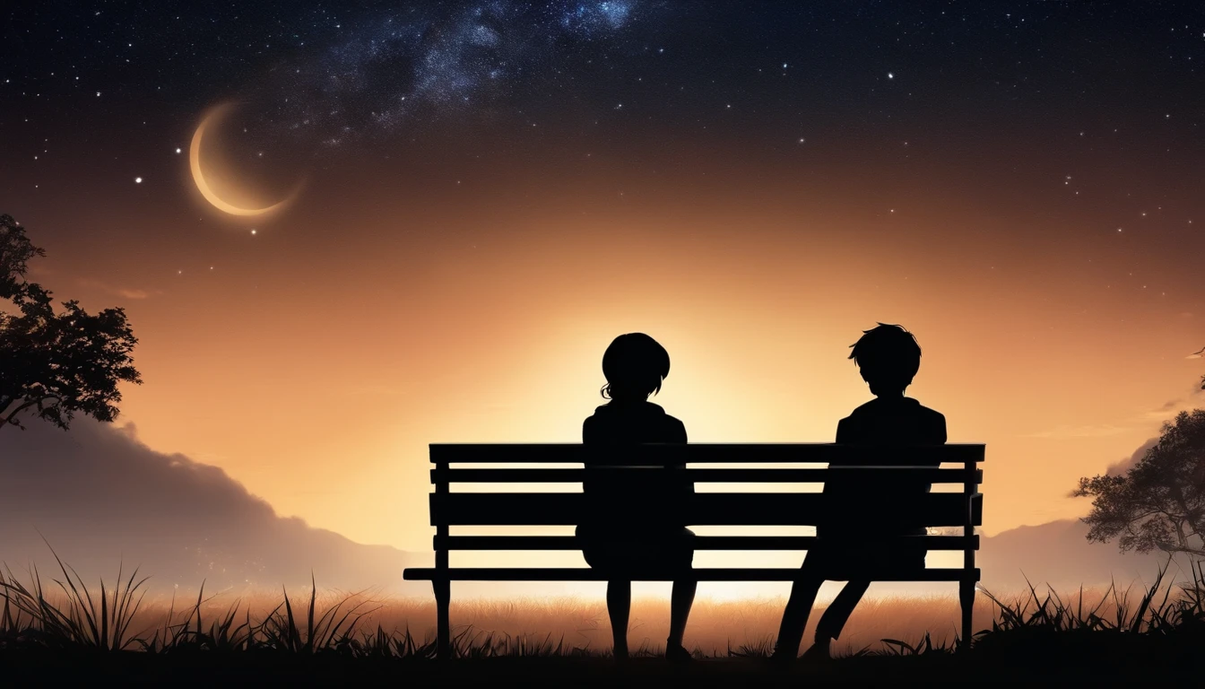 Make a couple of teenage anime version looking at the stars sitting on a bench, with the sight of their backs, couple