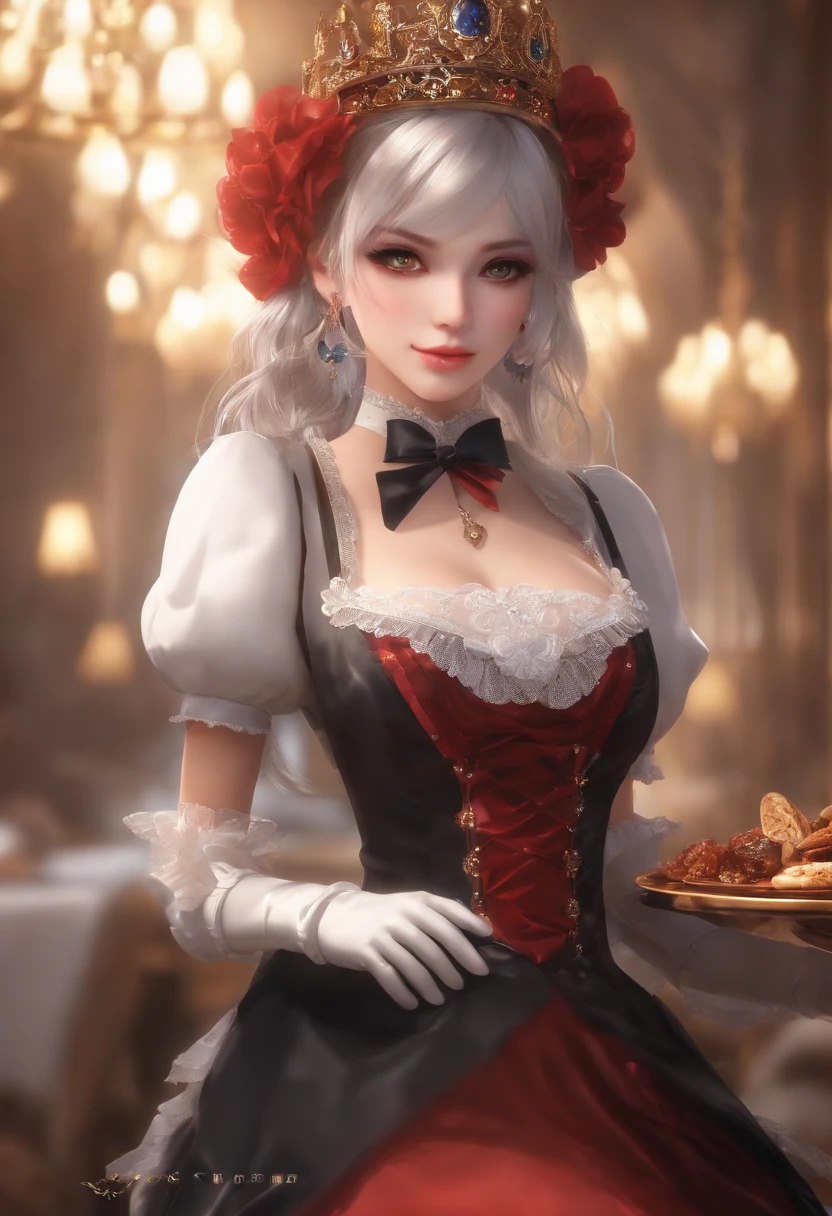 (Original Character、Unity 16K Wallpaper, masutepiece, Best Quality, Ultra-detailed, extremely details CG, Caustics, Cinematic lighting, Detailed, Beautiful detailed eyes, Solo,Sexy Women), Ultra High Resolution, Fine skin, (maid, maid apronl, Maid headdress), (strong lights)、Oily skin,curby:1.2,,Sexy Women,Little devil face,(huge-breasted:1.2),