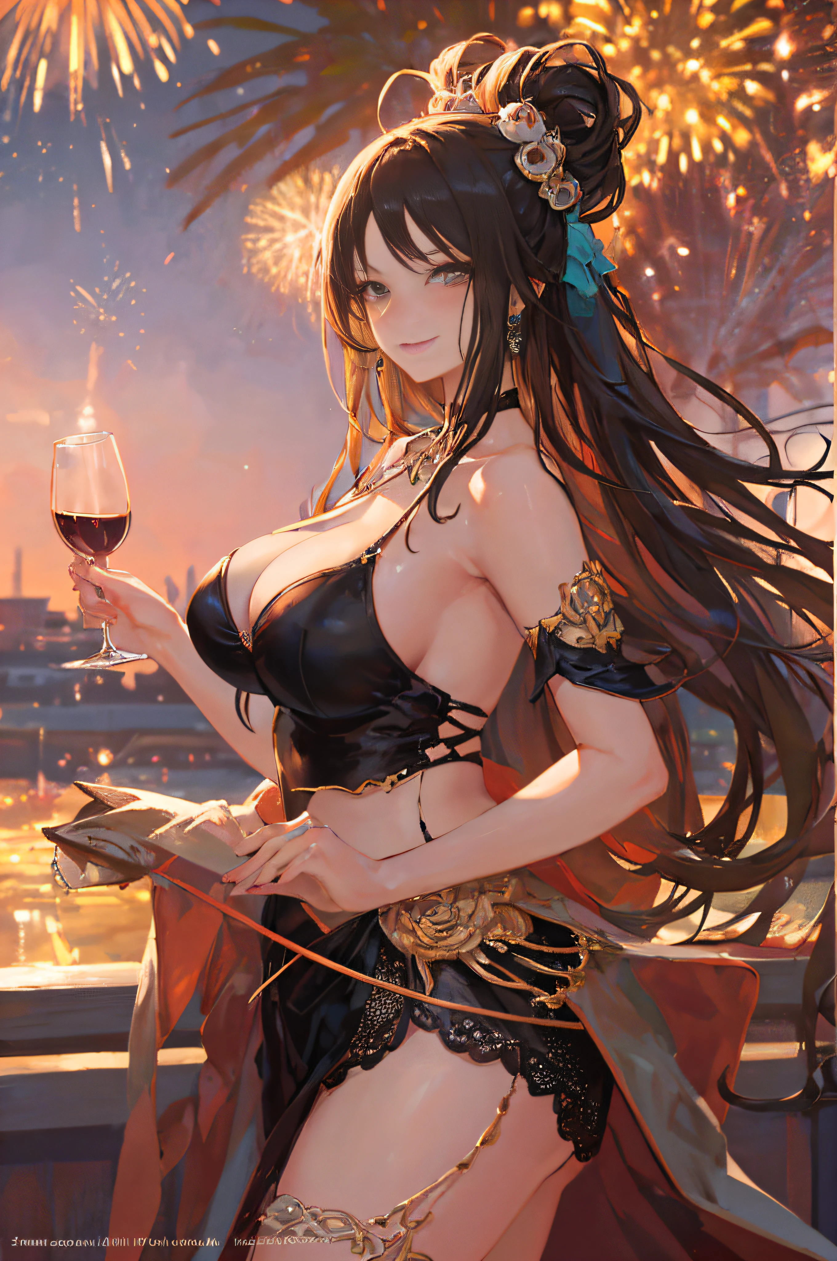 ((A sexy and beautiful woman holding a wine glass and looking at me on the terrace)), ((The cutest 22-year-old beauty)), Charming smile, ((Fireworks in the background) ), ((Very long hair) ), ((One piece with a lot of exposed parts)), ((Rich bust)), Gradient eyes, Seductive makeup, Single view, NFFSW, UHD, Retina, Masterpiece, Accurate, Anatomy Scientifically correct, textured skin, super detail, high detail, high quality, award winning, highest quality, high resolution, 1080P, HD, 4K, 8k, 16k