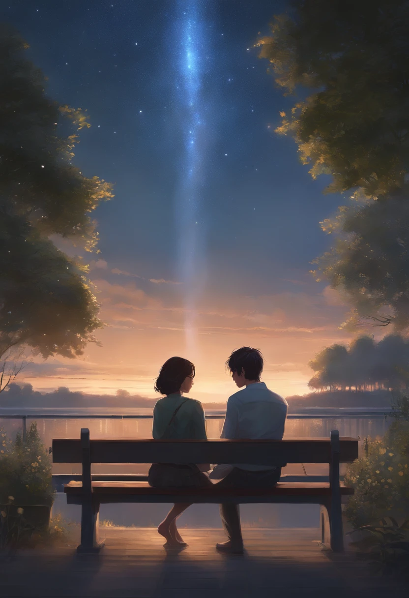 they are sitting on a bench looking at the stars in the sky, guweiz and makoto shinkai, sakimichan and makoto shinkai, ross tran and makoto shinkai, fiona staples and makoto shinkai, anime style 4 k, artwork in the style of guweiz, makoto shinkai and tom bagshaw