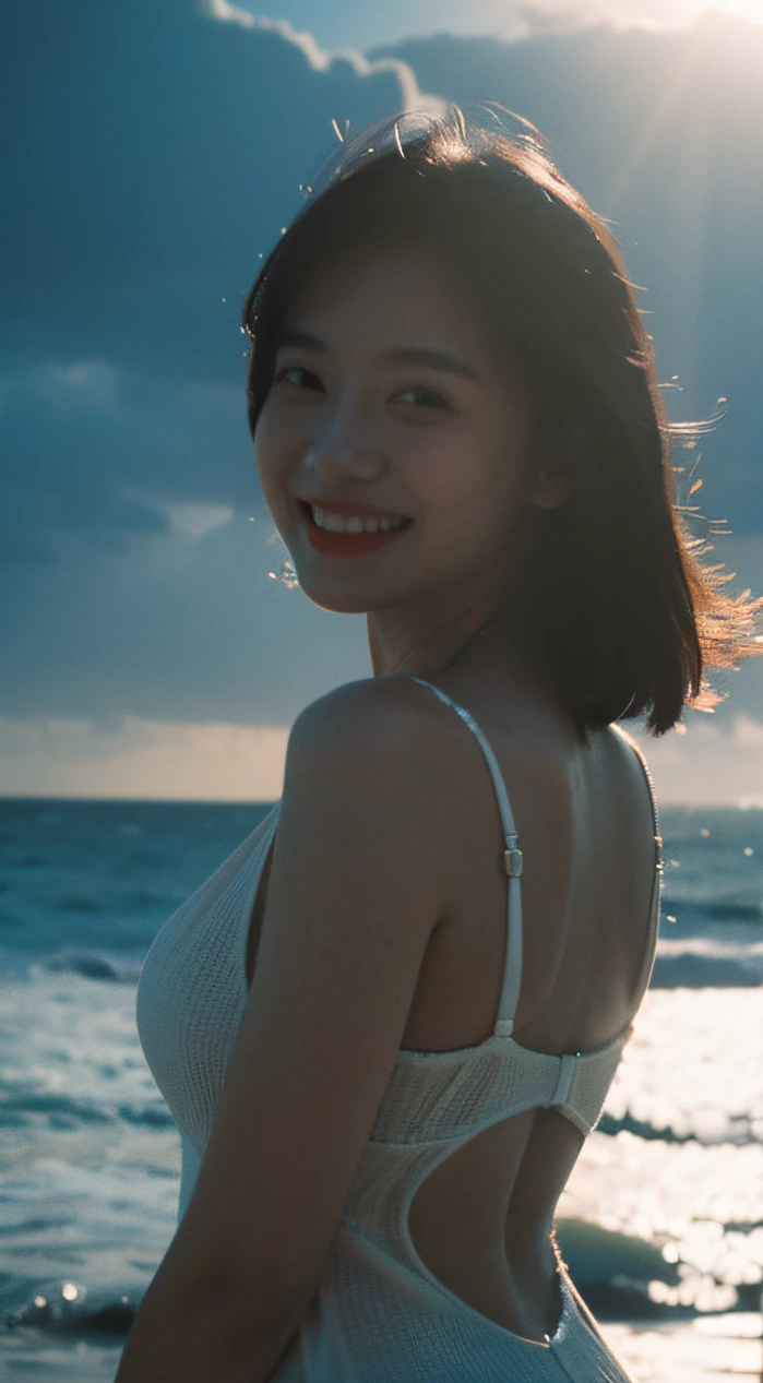 Best Quality,Masterpiece,The ultra-Highres,(Realisticity:1.4),OriginalPhoto,Cinematic lighting,
1Girl,Smile,Back lighting,ocean,