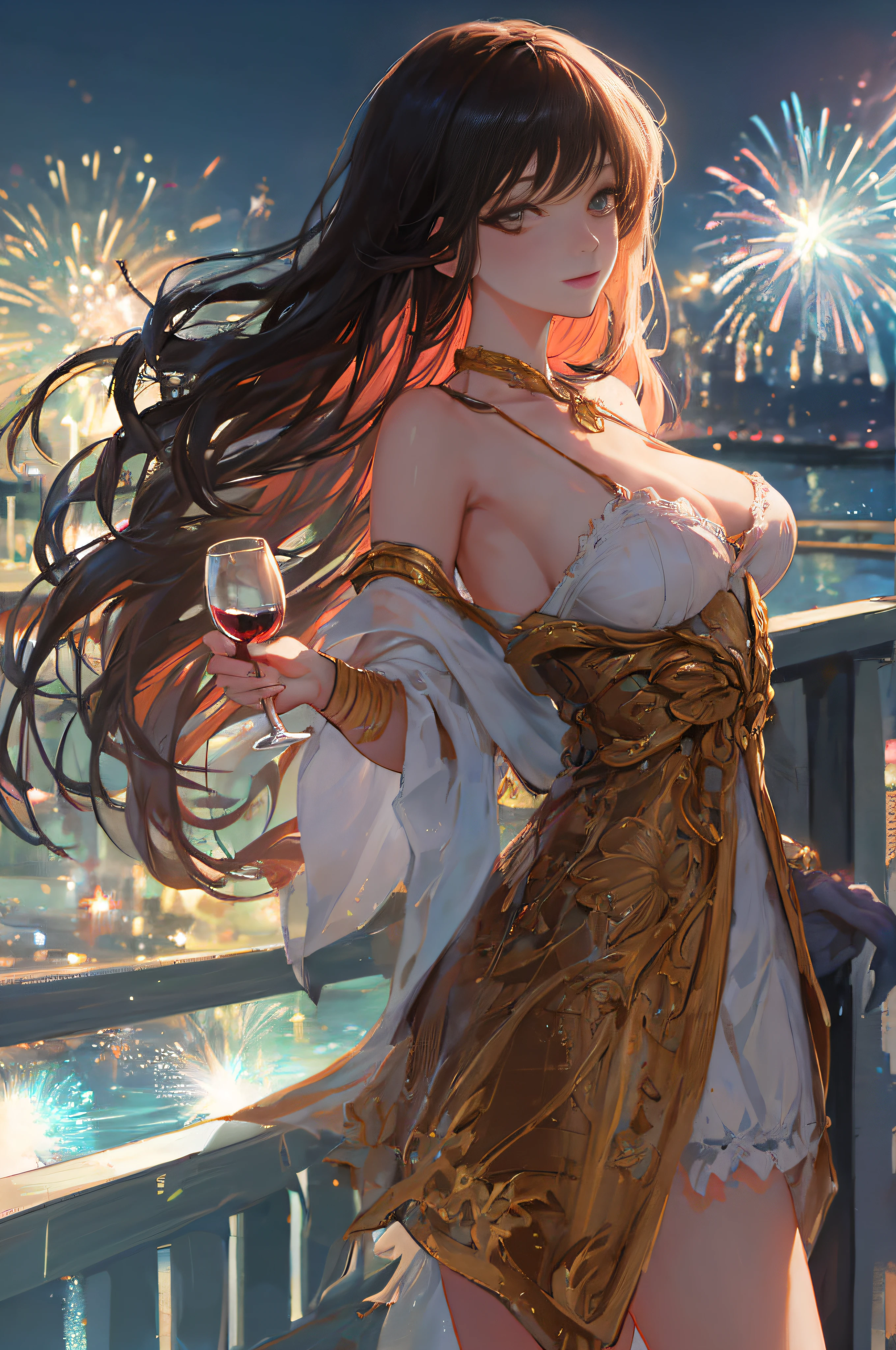((A sexy and beautiful woman holding a wine glass and looking at me on the terrace)), ((The cutest 22-year-old beauty)), Charming smile, ((Fireworks in the background) ), ((Very long hair) ), ((One piece with a lot of exposed parts)), ((Rich bust)), Gradient eyes, Seductive makeup, Single view, NFFSW, UHD, Retina, Masterpiece, Accurate, Anatomy Scientifically correct, textured skin, super detail, high detail, high quality, award winning, highest quality, high resolution, 1080P, HD, 4K, 8k, 16k