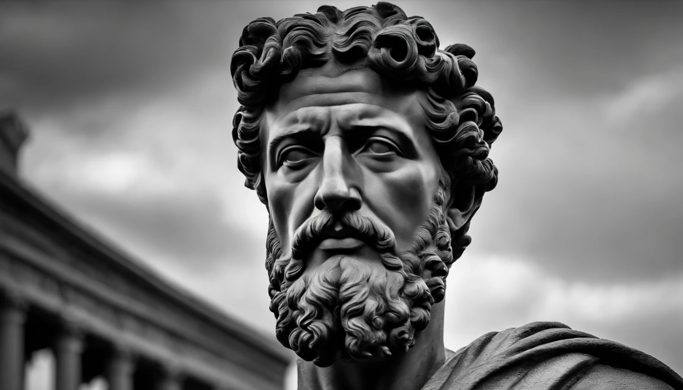 a portrait statue of the stoic Marcus Aurelius in black and white 4K,corpo todo ,forte,musculoso,sem camisa papel de parede super realista