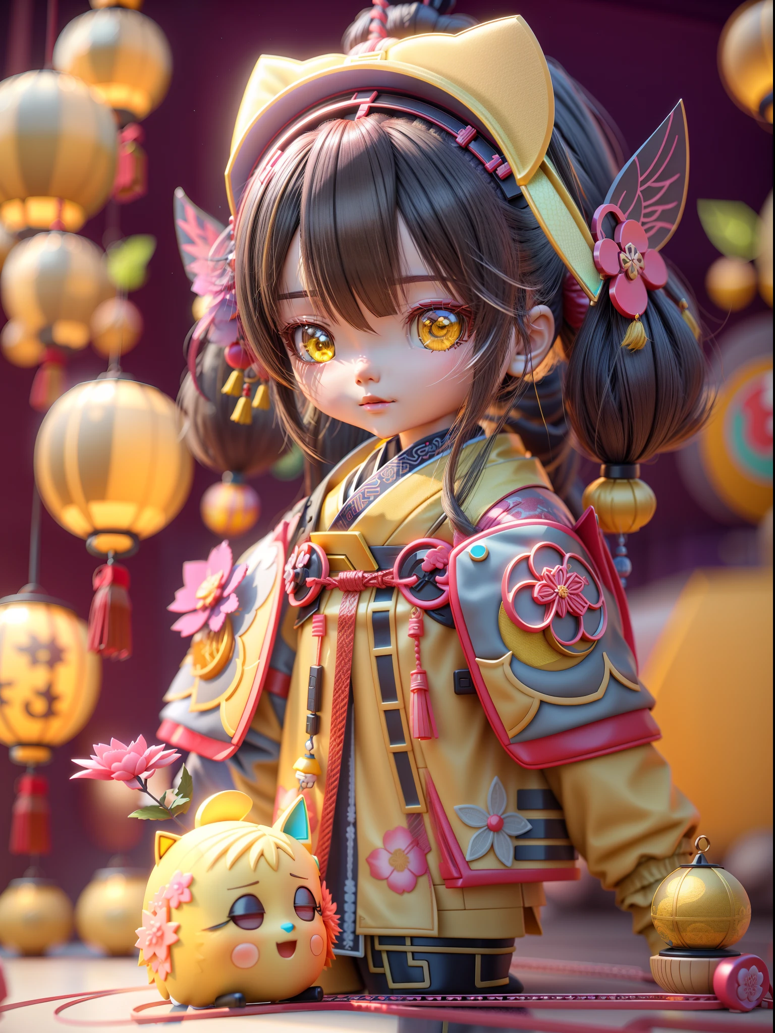 Blind box toy style:Wearing Hanfu and cyberpunk fusion clothing,Close-up of the doll, Resin texture material,anime styled 3d, 8k high-quality detailed art, Stylized anime, 3 d render stylized, Cute detailed digital art, lovely art style, Small Chinese lanterns and Chinese elements in the background,8K, cute 3 d render, render of a cute 3d anime girl, Anime Stylization, adorable digital art,Soft lighting,The light is earthy yellow,Sense of light and shadow