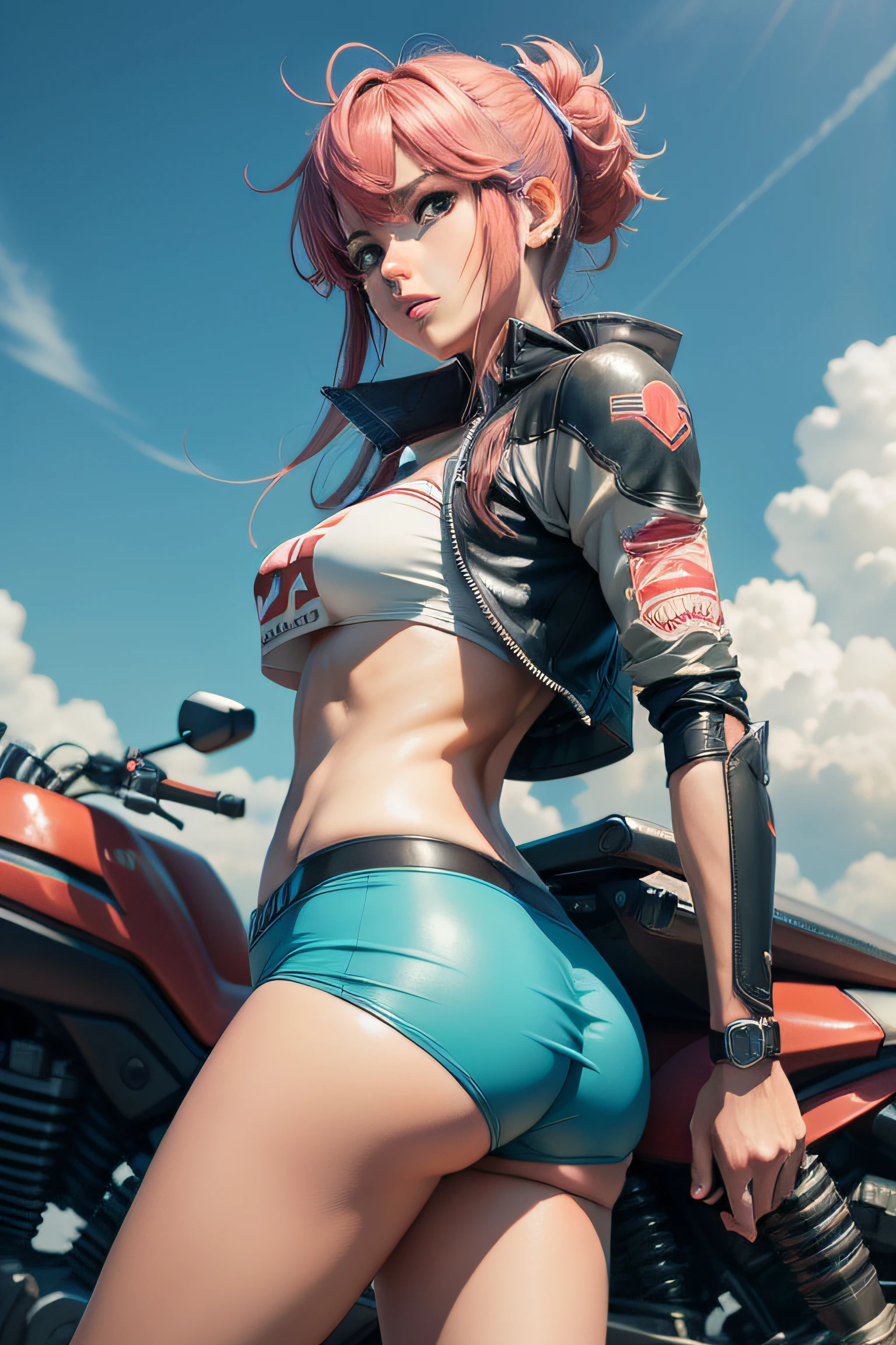 1woman, ((standing behind a moto GP)), standing with legs apart, high heels, (huge motor:1.1), (red motorcycle:1.3), (big wheels:1.1), (big moto:1.4), from behind, nipple slip,(realistic:1.5),photorealistic, octane render,hyperrealistic, wide hips,huge thighs,white legwear,(photorealistic face:1.2),collar,(small breasts:1.1),thick eyelashes,long eyelashes,(twin tails:1.1),(redhead:1.1),hair ribbon,arm straps,choker,(white lingerie:1.3),best quality, nsfw,cameltoe,streaked hair, half smile, (victory sign), (looking at viewer),sharp focus, (4k),(Masterpiece), (Best Quality), fantasy, extremely detailed, intricate, hyper detailed, (perfect face), illustration,soft lighting,(specular lighting:1.4),blue eyes,absurdly