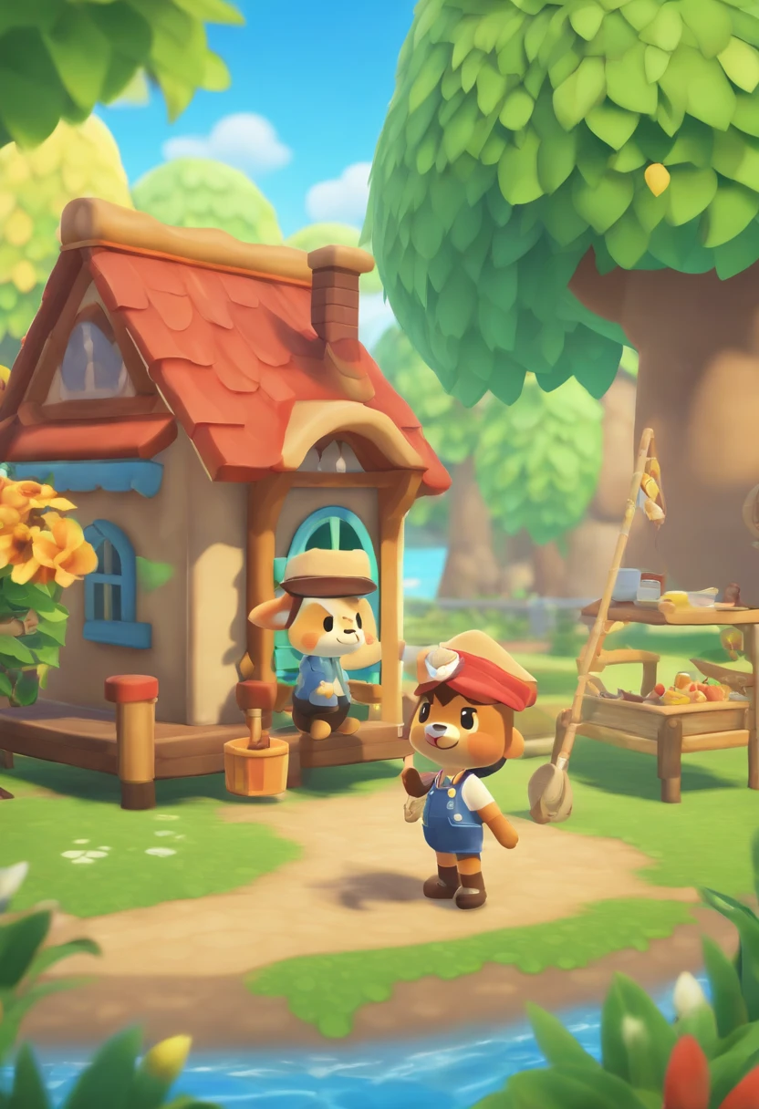 A serene, sunny day in Animal Crossing, showcasing cute animal characters in their charming village, engaging in various activities like fishing, bug hunting, or relaxing under the trees.