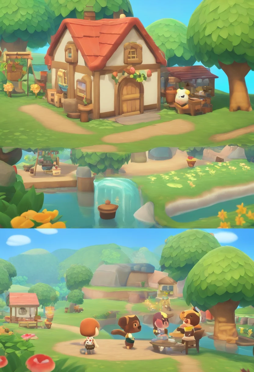 A serene, sunny day in Animal Crossing, showcasing cute animal characters in their charming village, engaging in various activities like fishing, bug hunting, or relaxing under the trees.