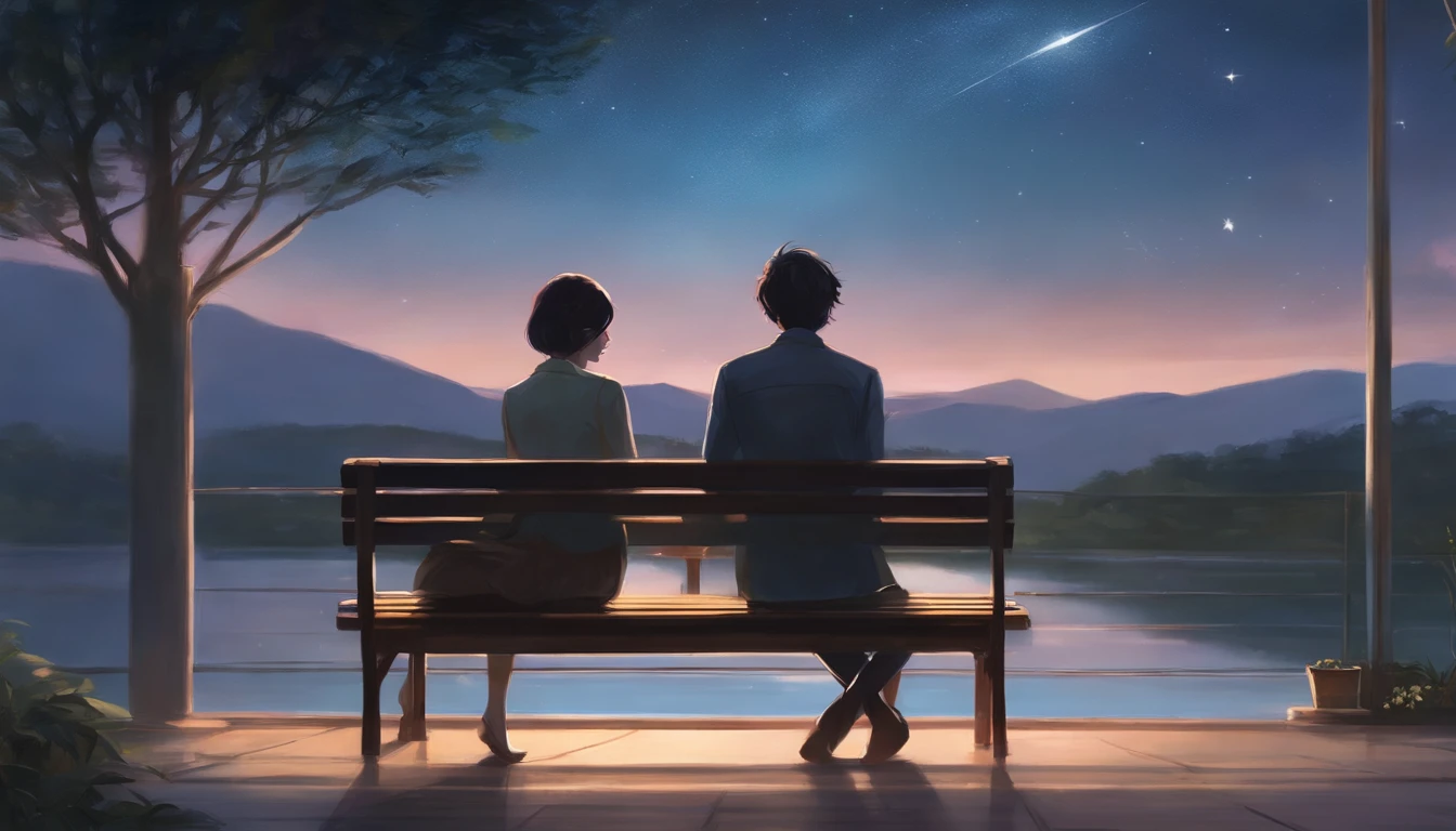 they are sitting on a bench looking at the stars in the sky, guweiz and makoto shinkai, sakimichan and makoto shinkai, ross tran and makoto shinkai, fiona staples and makoto shinkai, anime style 4 k, artwork in the style of guweiz, makoto shinkai and tom bagshaw