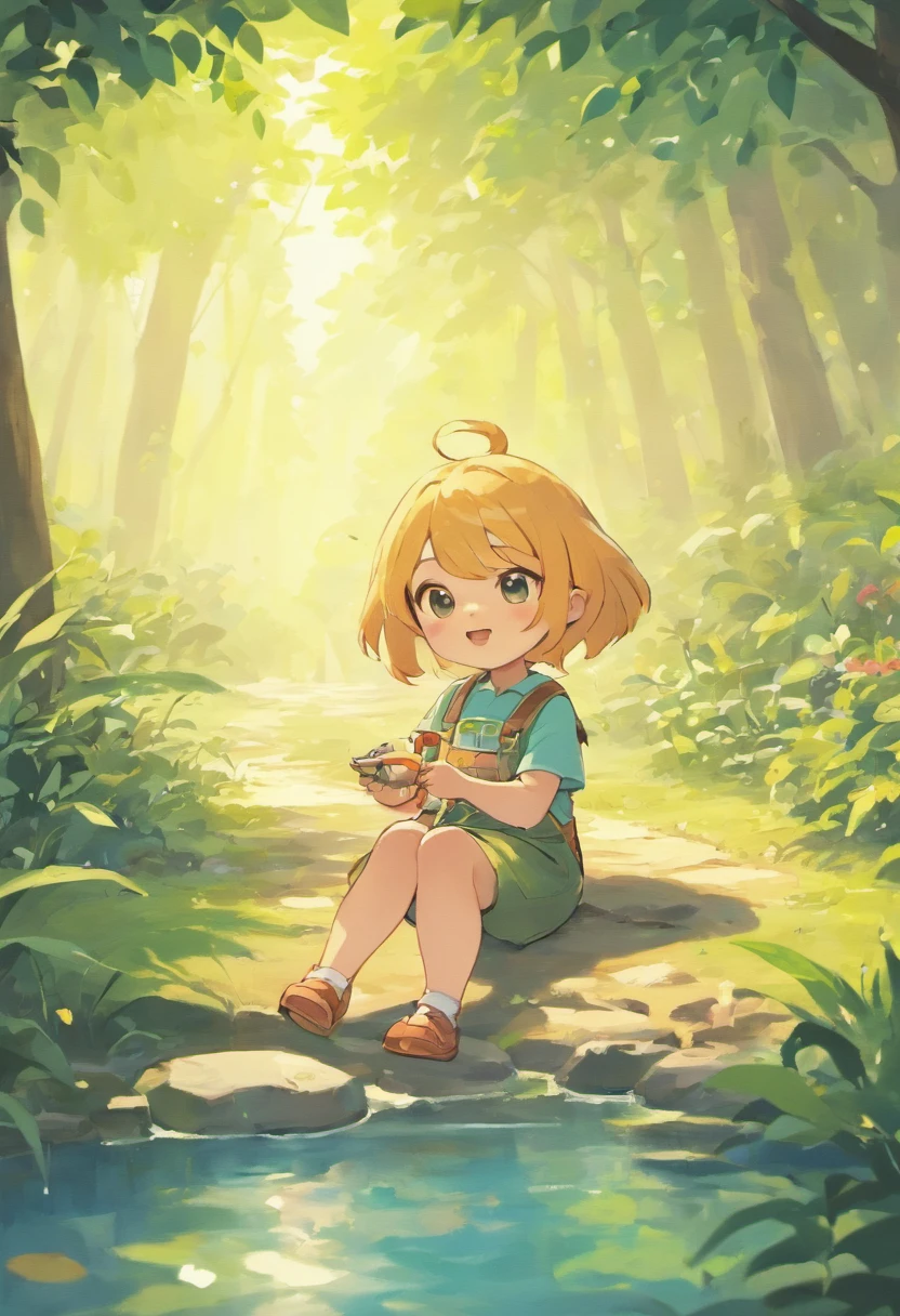 A serene, sunny day in Animal Crossing, showcasing cute animal characters in their charming village, engaging in various activities like fishing, bug hunting, or relaxing under the trees.