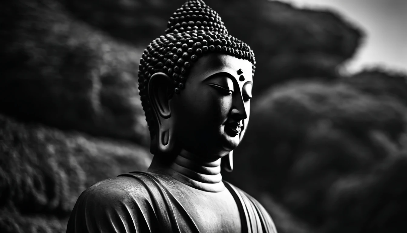 a portrait statue of buddha in black and white 4K,Face de lado, papel de parede super realista