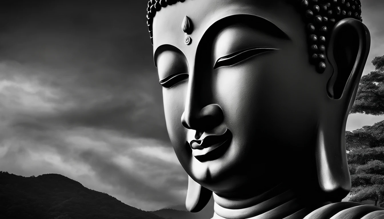 Art oil painting, close-up of Buddha's head, a huge black-gray (side-faced) Buddha head (suspended in the sky), dark clouds, sunlight through dark clouds, mysterious power, a tiny person worshipping Buddha statue on the ground, simple background, contrasting composition, shocking art painting