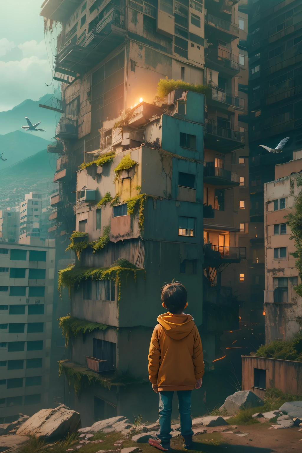 There is a boy on the mountain standing watching a tall building, arte conceitual digital de distopia, em uma paisagem urbana arruinada, bipe de recuo, 3 d render bipe, cinematic beeple, in a post-apocalyptic city, paisagem urbana em ruinas ao ar livre, with birds flying,