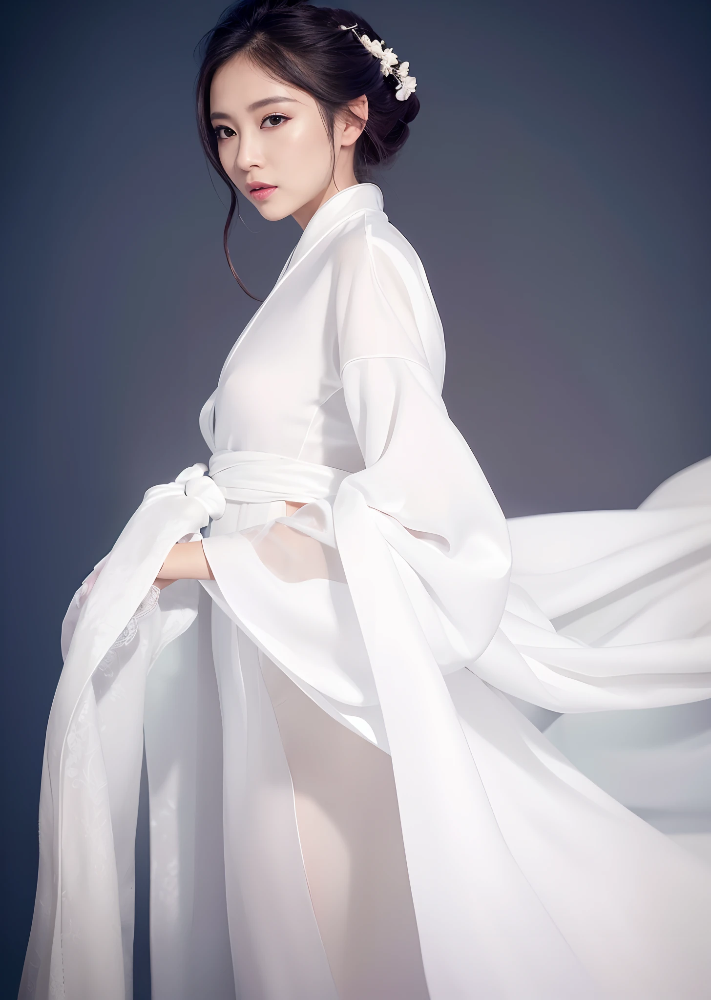 Araped woman in white dress posing for photo, Dressed in white silk, white Hanfu, ao dai, Dressed in white silk robes,, Beautiful woman dressed in white, Flowing white robes, Wearing a long white dress, white robes, jingna zhang, White clothes, Dressed in a flowing white tailcoat, Wearing a white flowing dress, Stylish editorial photography