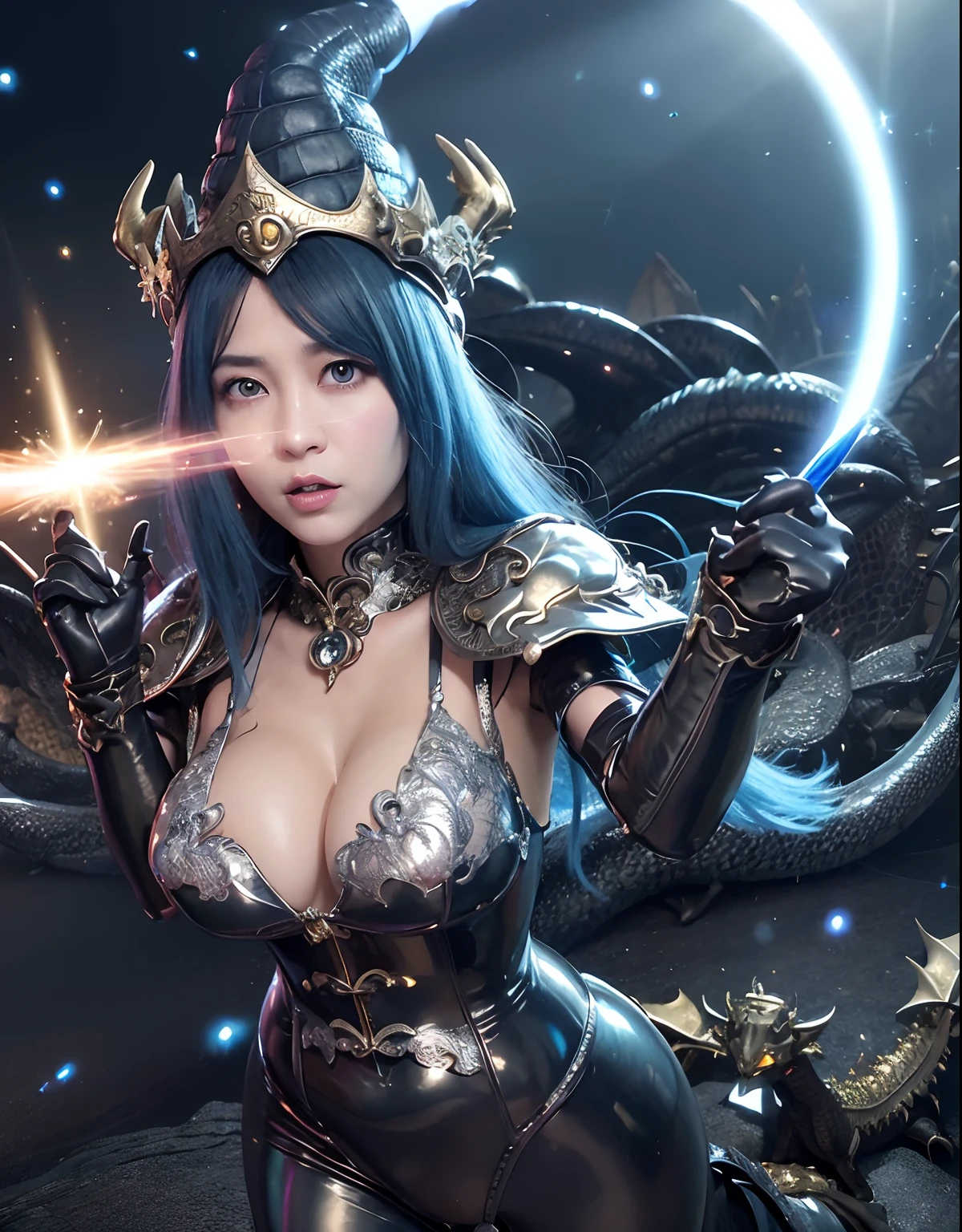 ((World of Darkness)),Professional , ​masterpiece、top-quality、photos realistic , depth of fields 、(((With a magic wand of gems))),（Dragon White Metal Body:1.9),(latexsilver-blue、（cleavage of the breast）（Fight dragons）、、(((Particles of light))),（Micro Bikini Armor:1.7),Gorgeous gold weapons ,（Fight dragons）、Seductive look、（blood splattere、（(((With a magic wand))), ） , (((Wearing a black latex wizard hat))),（demonic wings）   ,（（a blond））、（Castle background）、（（Gangle's forest background））、Beautiful Caucasian beauty、１a person、dynamic ungle,(((Detailed and ornate dragon wizard hat)))、Smaller head、A smile、Castle background、Thin and beautiful female hands、cleavage of the breast、Soldier in iron armor on background、Mystical expression、Light Effects、intense fighting、Wind-effect、magic circles、With the legendary magic wand、Dragon's tail、explosions、Toostock、Toostock、