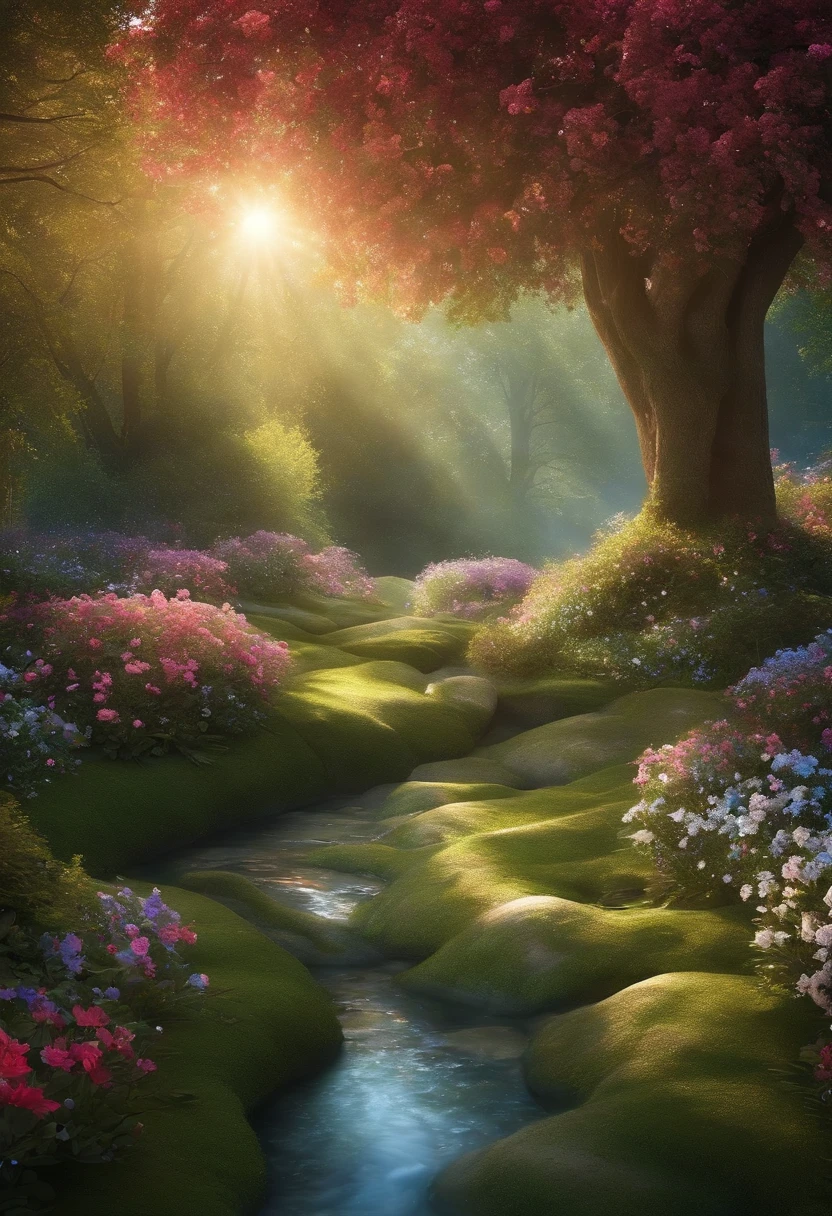 create an enchanted landscape with trees full of Swarovski leaves, full of flowers made of diamonds, butterflies with crystal wings that glisten in the sunlight