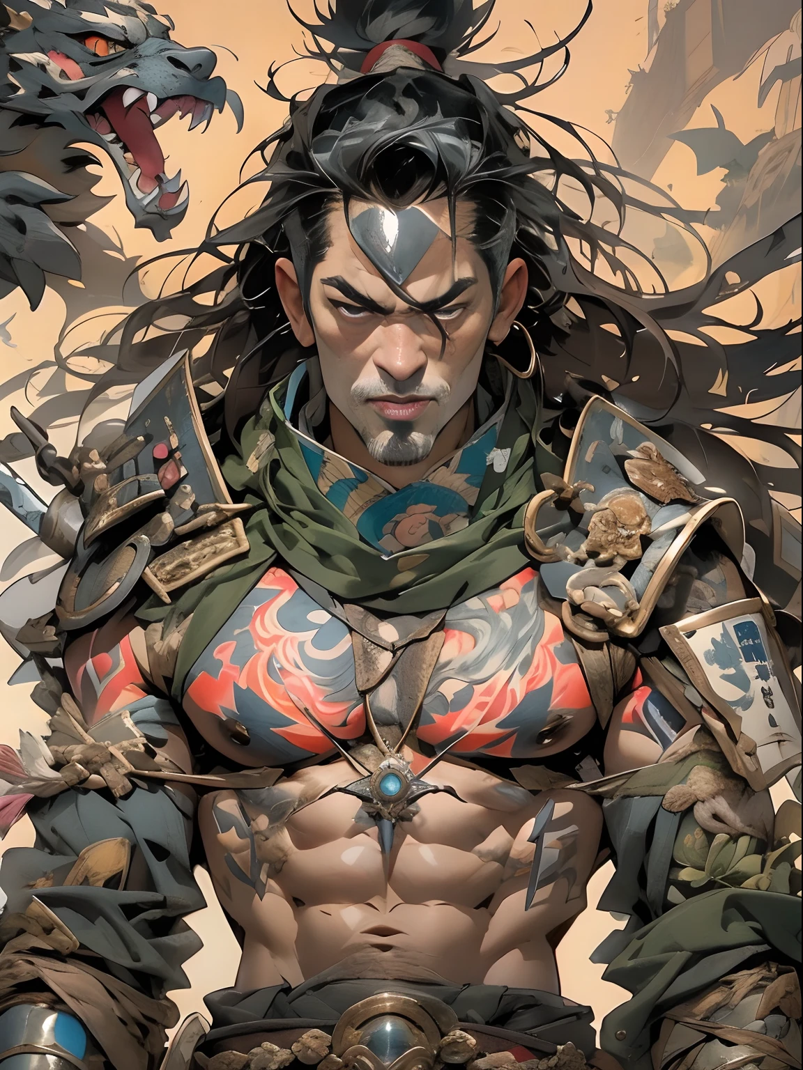 (((mtu))), (((best qualityer))), (((tmasterpiece))), (((AS-Adult))), ((( Japanese ))), Look up from your knees, Handsome Asian samurai,perfect body figure, Modern samurai, ((( Asian))), Wear gloves on your hands,The left arm is made of steel and metal tips,Made of protective devices, The eyes are pulled, (( Appears below the chest )), (( Small dental floss )), Simon Bisley, Almost naked(Simon Bisley)Castle City Wilderness,For high-resolution posters, hair straight, Minimum clothing, armure (Crazy clothes ), Full of tips and rivets, tribal tattoos, (((full bodyesbian))), Straight brunette hair,Colored hair ends