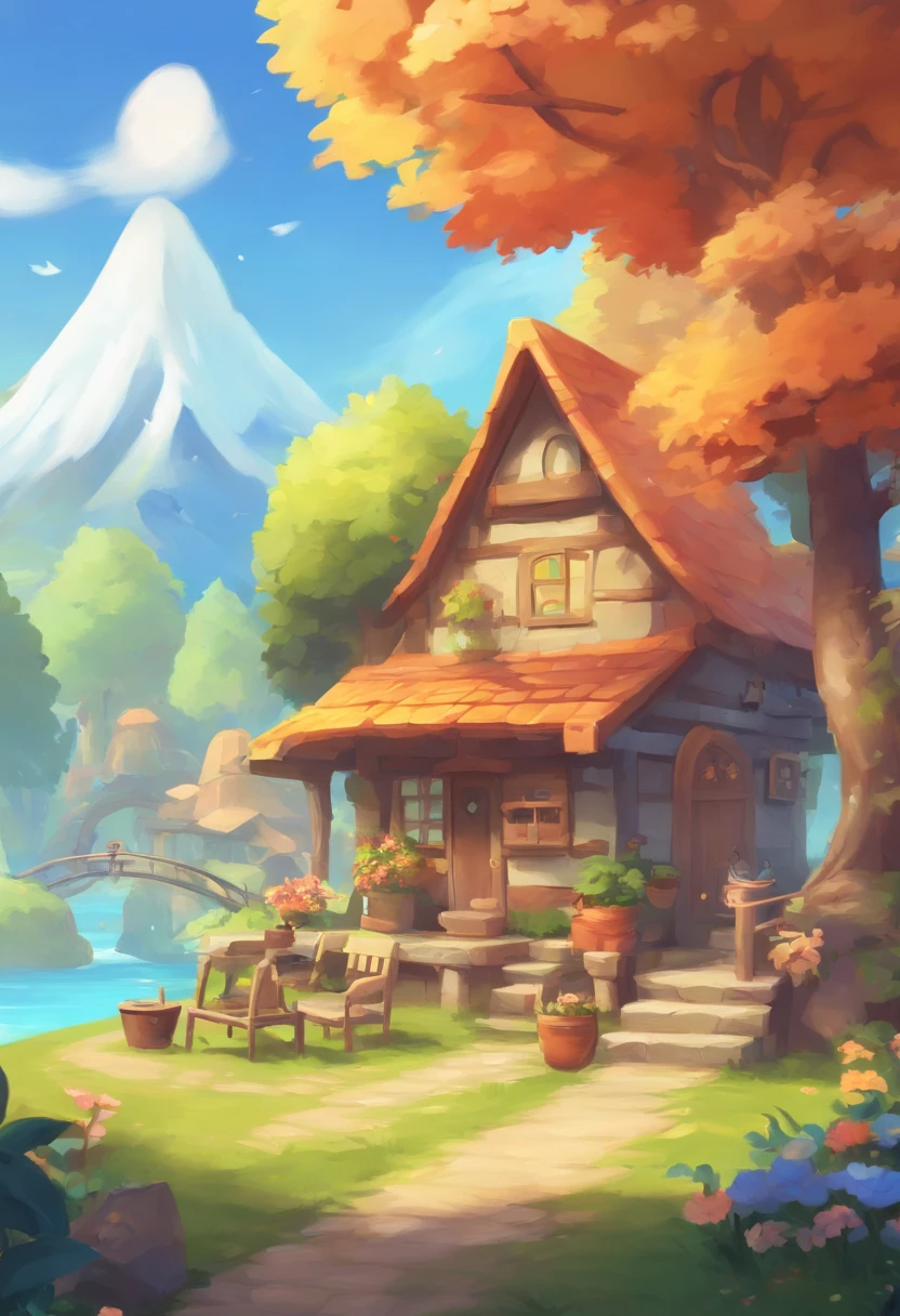 A serene, sunny day in Animal Crossing, showcasing cute animal characters in their charming village, engaging in various activities like fishing, bug hunting, or relaxing under the trees.