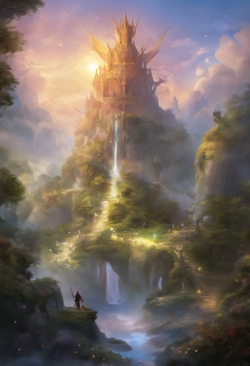 A captivating fantasy world filled with towering crystalline trees, floating islands, and majestic dragons soaring through the sky. Beneath, intrepid adventurers, both human and elfin, embark on a quest, armed with swords and magic, while mysterious creatures watch from the shadows.