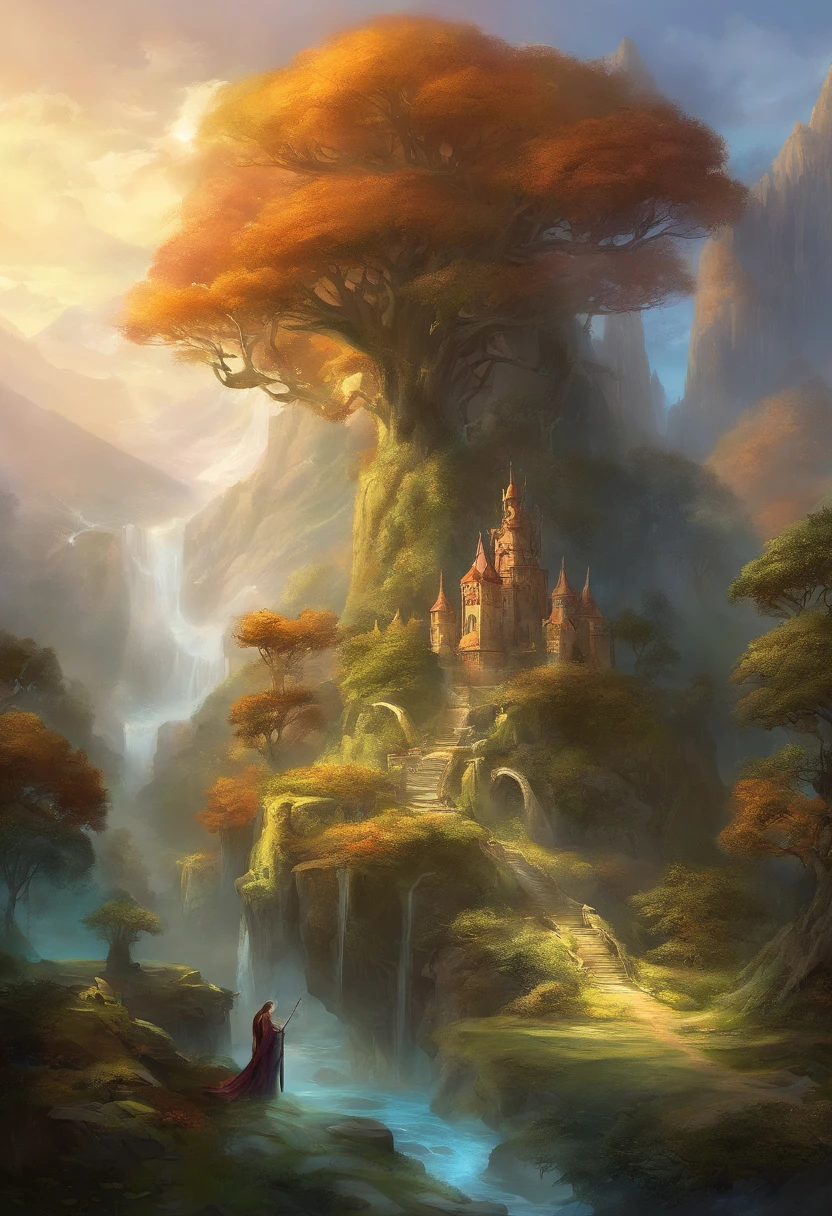 A captivating fantasy world filled with towering crystalline trees, floating islands, and majestic dragons soaring through the sky. Beneath, intrepid adventurers, both human and elfin, embark on a quest, armed with swords and magic, while mysterious creatures watch from the shadows.