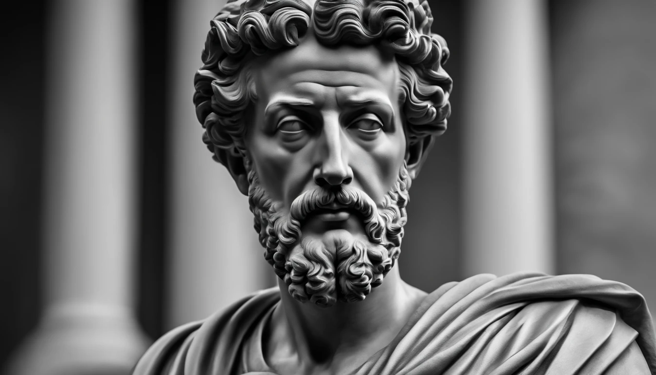 a portrait statue of the stoic Marcus Aurelius in black and white 4K,Face de lado, papel de parede super realista