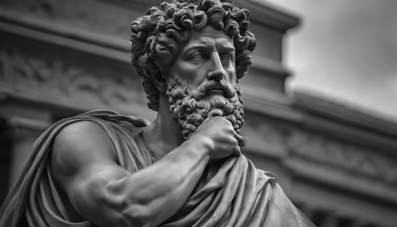 a portrait statue of the stoic Marcus Aurelius in black and white 4K,Face de lado, papel de parede super realista