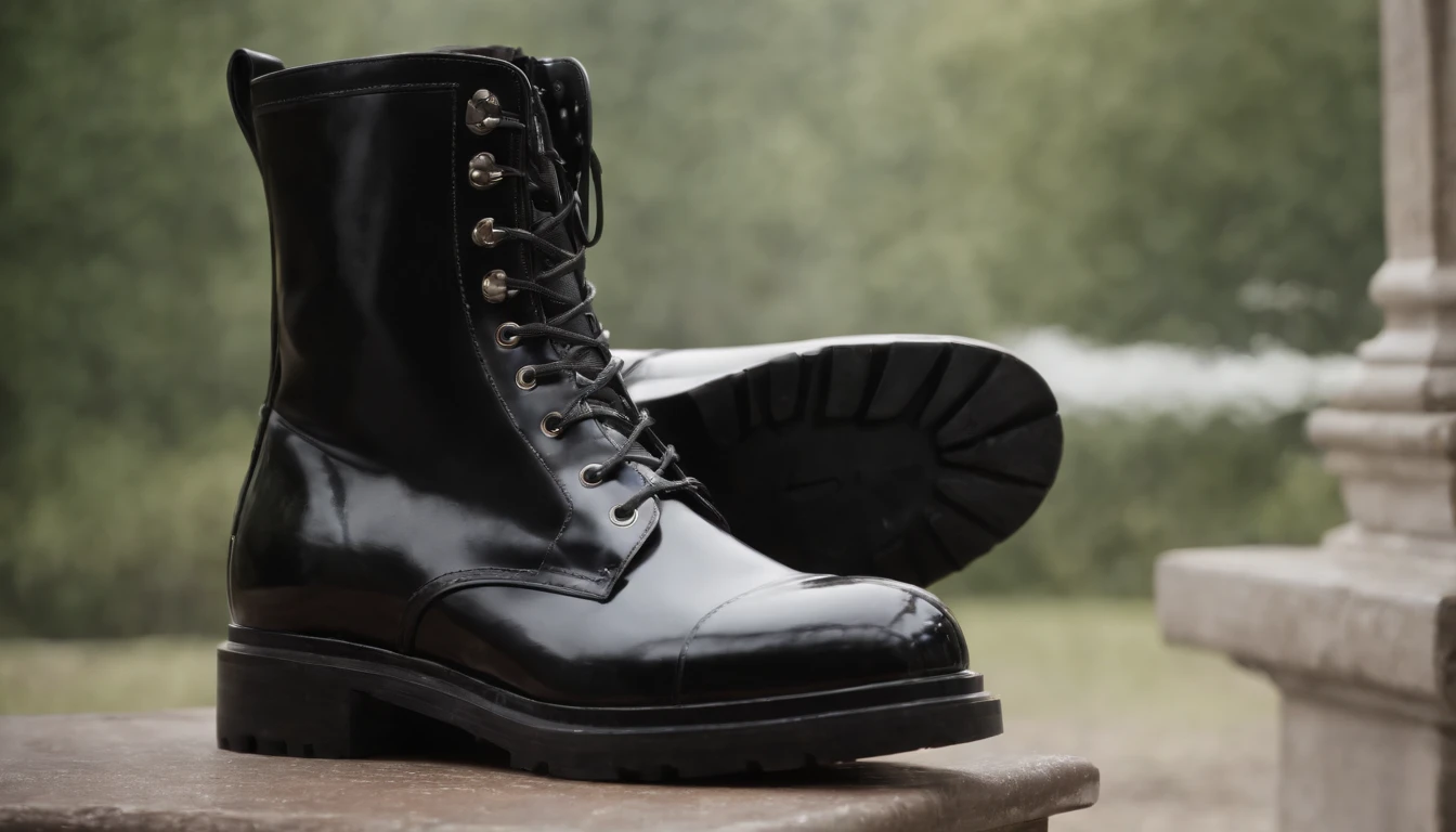 Old gentleman with a goatee，sit on chair，Eyes look at boots，Black high-gloss rain boots, 8K分辨率,Wallpaper masterpiece，Best quality，digitial painting，Highly meticulous，Ultra high quality
