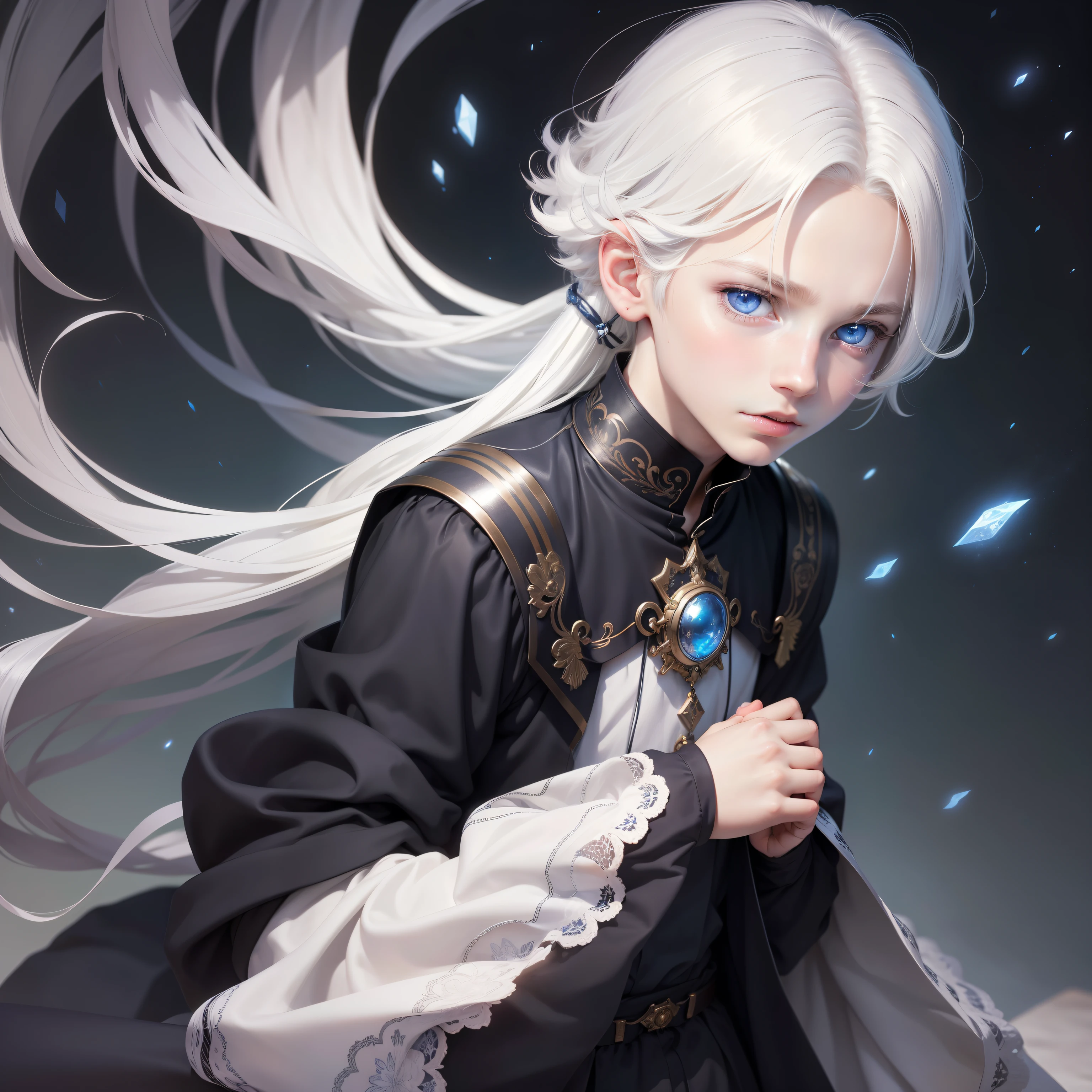 (1 boy),Realistic,An ultra-high picture quality,cute face,ar old,utiful Boys,Beautiful fece,fleeting,length hair,white hair,Blue eyes,masutepiece,Long-sleeved clothing,Dark Fantasy,Looking up,yuki