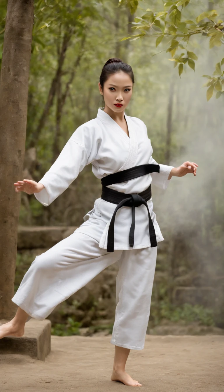 Create a depiction of a traditional female martial artist, dressed in white attire, with flowing black hair. She's slight and has a fair complexion, standing poised in a tranquil bamboo forest, demonstrating an elegant martial arts stance.