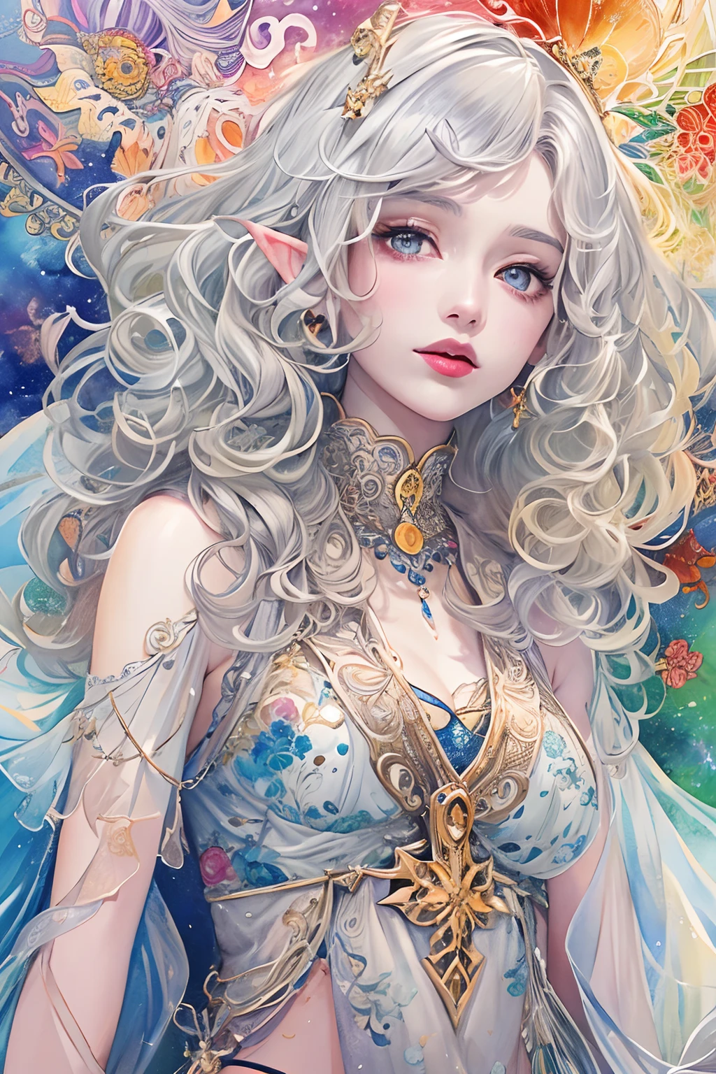 (tmasterpiece、top-quality、top-quality、watercolor paiting(curly)、offcial art、aestheticly pleasing:1.2)、(1girl in:1.3)、(Fractal art:1.3)、The upper part of the body、From the side Side、looking at viewert、patterns、(colorfulhair、Half-blonde,Half of the hair is silver:1.2)、Eau、liquids、clouds、Extremely colorful、starrysky、stone monument、tarot cards,the elf,lipsticks,Ruddy complexion,roll eyes,Stick out your tongue,