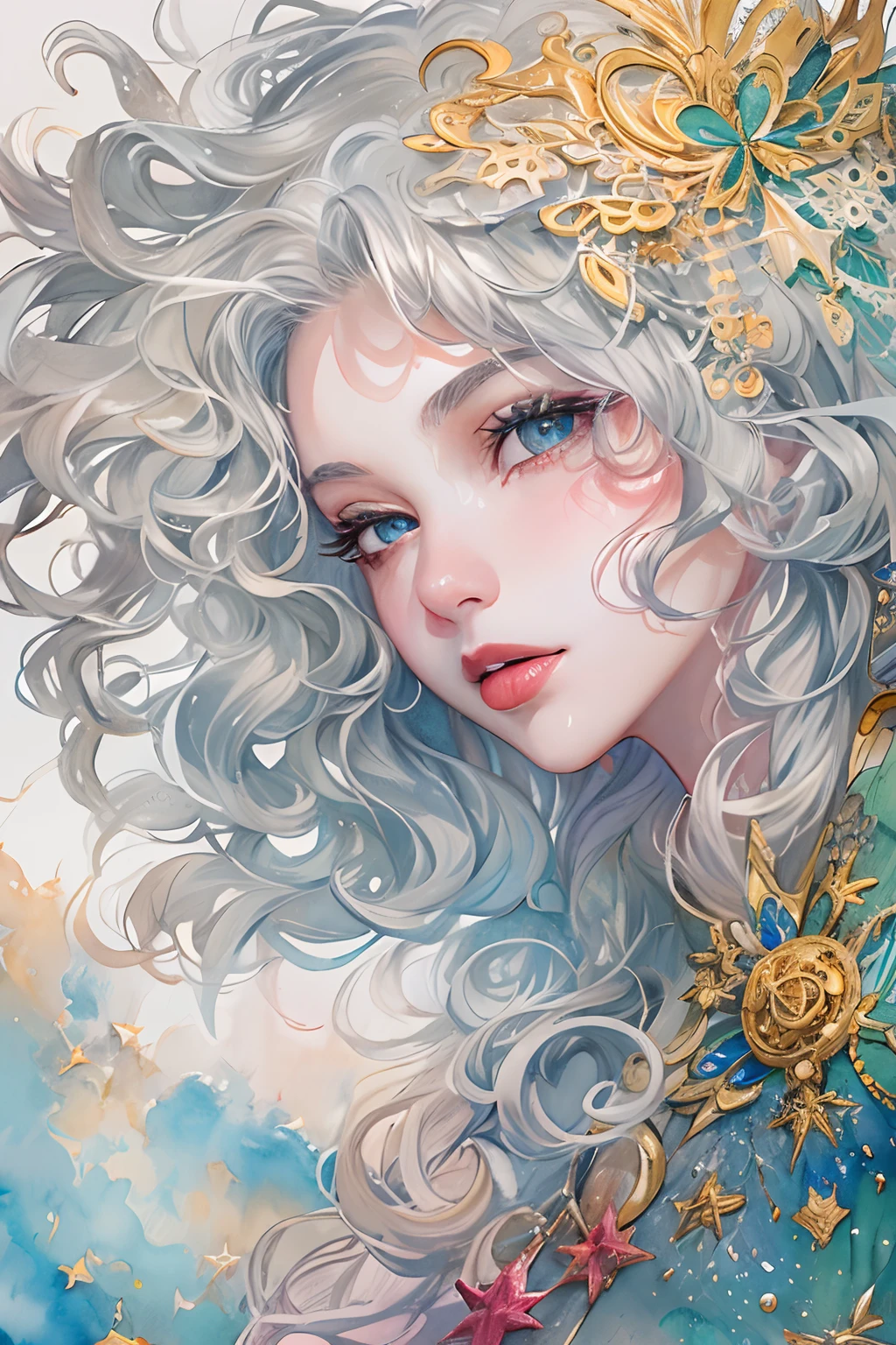 (tmasterpiece、top-quality、top-quality、watercolor paiting(curly)、offcial art、aestheticly pleasing:1.2)、(1girl in:1.3)、(Fractal art:1.3)、The upper part of the body、From the side Side、looking at viewert、patterns、(colorfulhair、Half-blonde，Half of the hair is silver:1.2)、Eau、liquids、​​clouds、Extremely colorful、starrysky、stone monument、tarot cards，the elf，lipsticks，Ruddy complexion，roll eyes，Stick out your tongue，