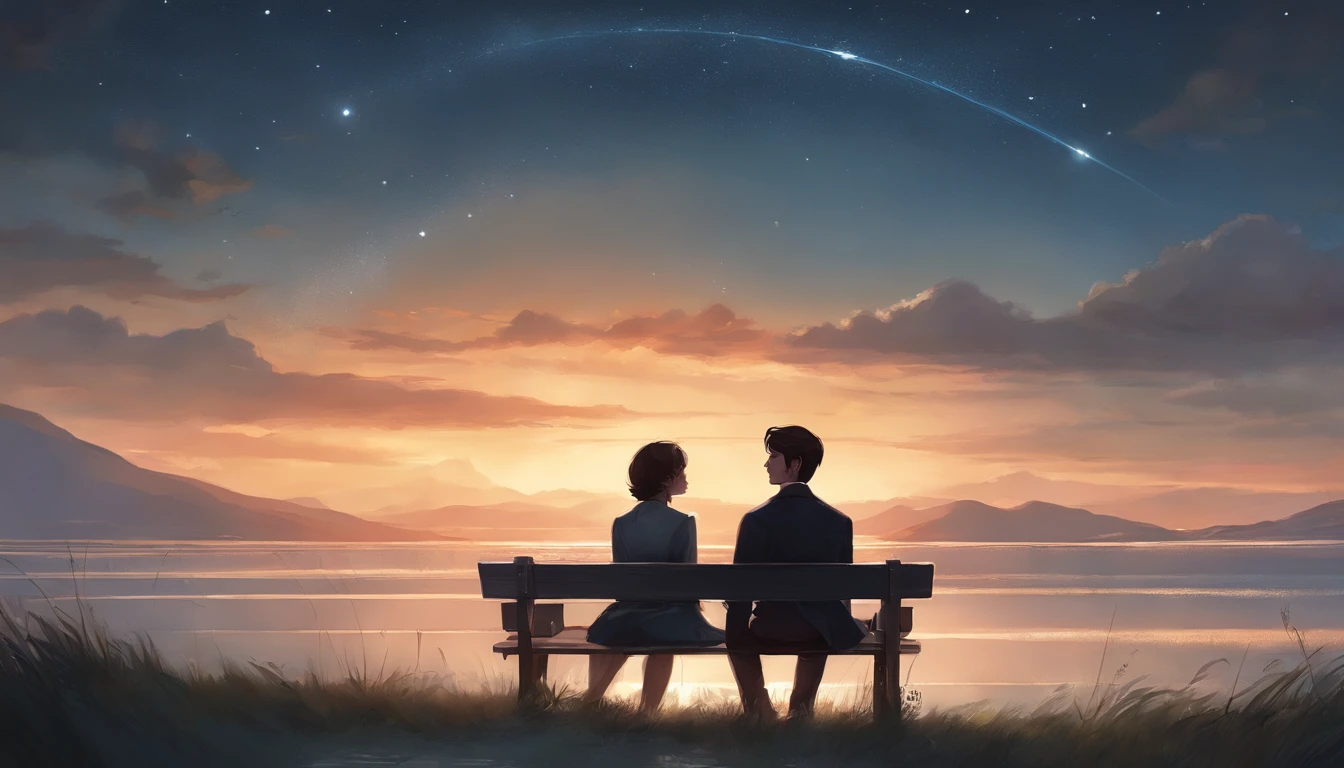 they are sitting on a bench looking at the stars in the sky, guweiz and makoto shinkai, sakimichan and makoto shinkai, ross tran and makoto shinkai, fiona staples and makoto shinkai, anime art style 4 k, artwork in the style of guweiz, makoto shinkai and tom bagshaw, artgerm portrait