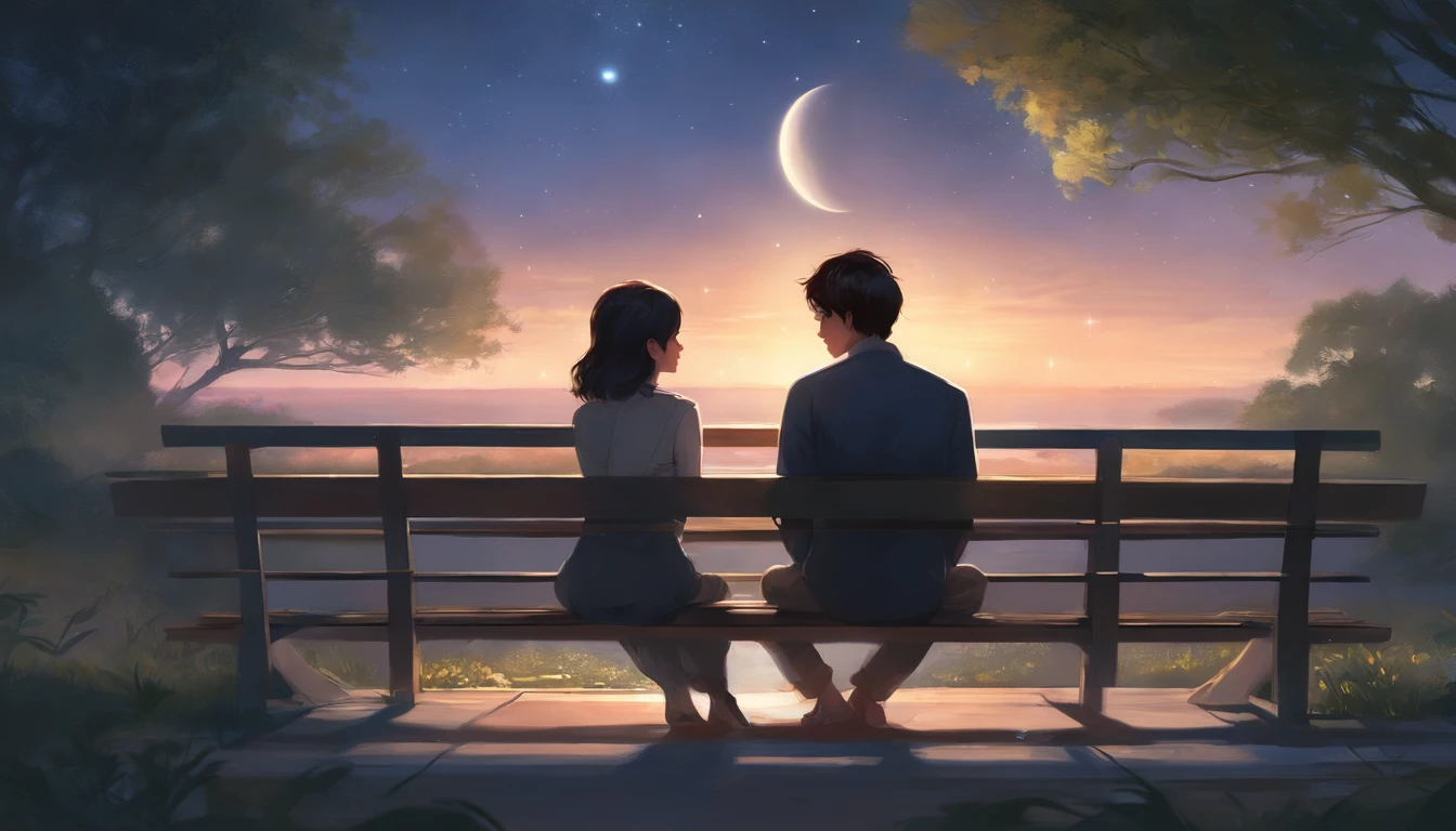 they are sitting on a bench looking at the stars in the sky, guweiz and makoto shinkai, sakimichan and makoto shinkai, ross tran and makoto shinkai, fiona staples and makoto shinkai, anime art style 4 k, artwork in the style of guweiz, makoto shinkai and tom bagshaw, artgerm portrait