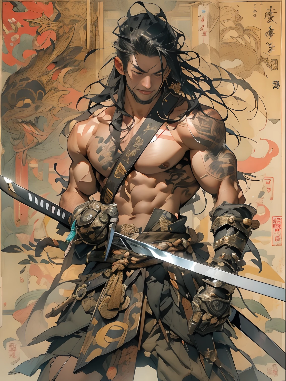 (((mtu))), (((best qualityer))), (((tmasterpiece))), (((AS-Adult))), ((( Japanese ))), Look up from your knees, Handsome Asian samurai，perfect body figure, Modern samurai, ((( Asian))), Wear gloves on your hands，The left arm is made of steel and metal tips，Made of protective devices, The eyes are pulled, (( Appears below the chest )), (( Small dental floss )), Simon Bisley, Almost naked（Simon Bisley）Castle City Wilderness，For high-resolution posters, hair straight, Minimum clothing, armure (Crazy clothes ), Full of tips and rivets, tribal tattoos, (((full bodyesbian))), Straight brunette hair，Colored hair ends