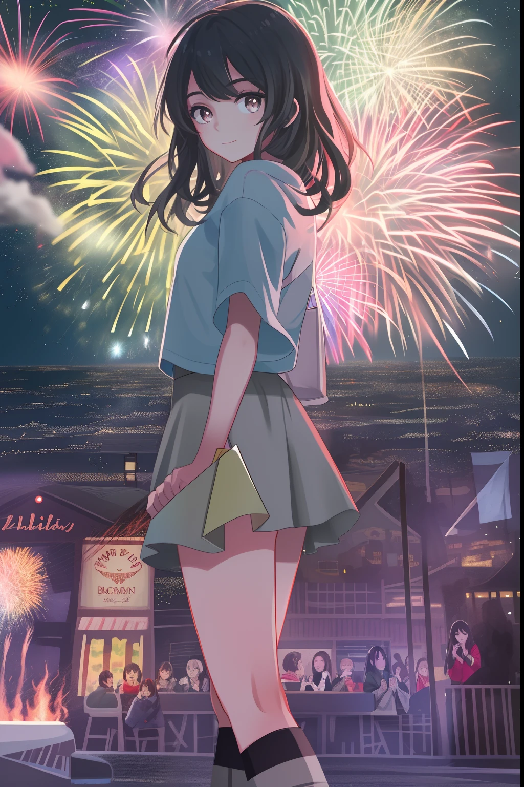 1girll,sideface,Sideways, Expose the whole body,Nice face,red pupils,Gray-black hair,Fireworks in bloom,Colorful fireworks,fire works,daysies,Floating in the sky,brightly,cheerfulness,Warm and soft lighting,early evening,Blue,light cloud,Bar cloud