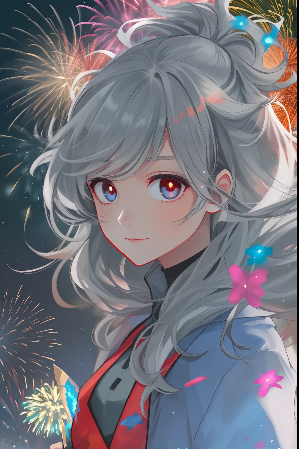 1girll,sideface,Sideways, Expose the whole body,Nice face,red pupils,Gray-black hair,Fireworks in bloom,Colorful fireworks,fire works,daysies,Floating in the sky,brightly,cheerfulness,Warm and soft lighting,early evening,Blue,light cloud,Bar cloud