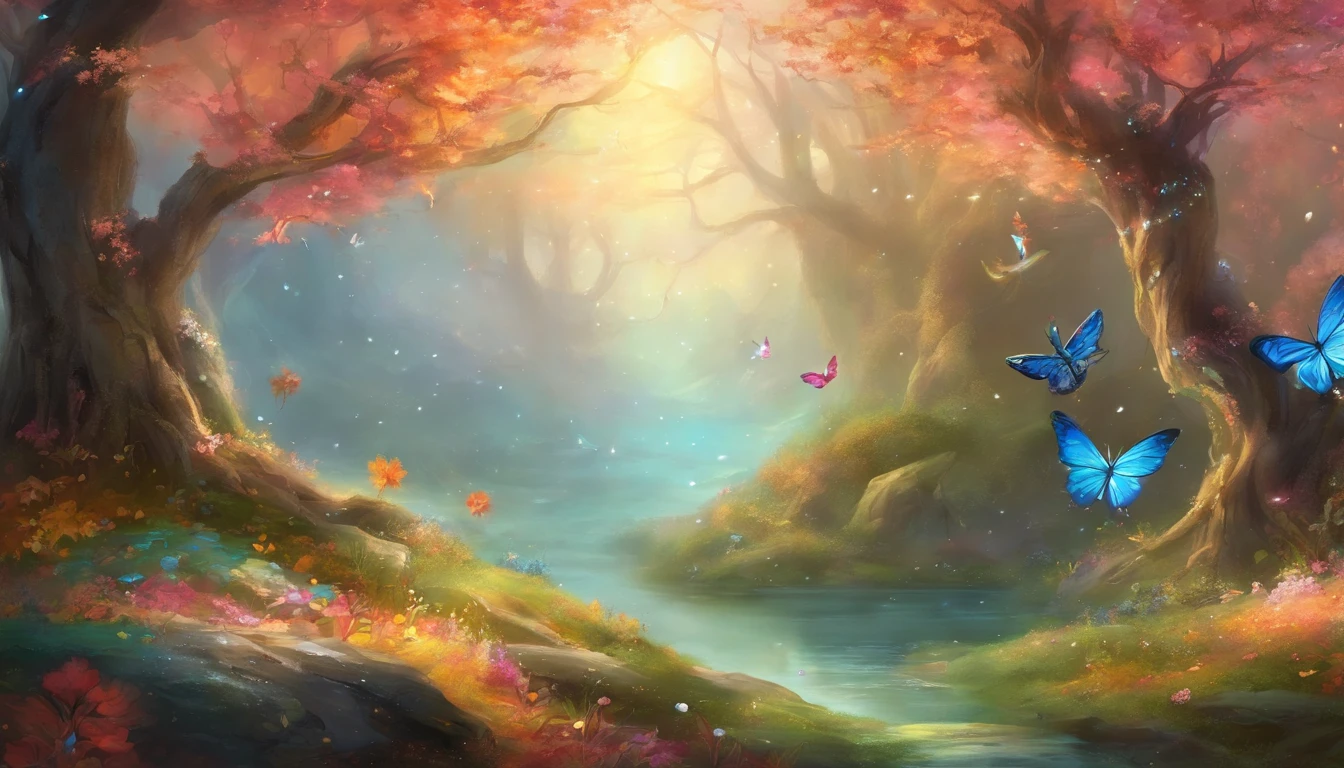 create an enchanted landscape with trees full of Swarovski leaves, full of flowers made of diamonds, butterflies with crystal wings that glisten in the sunlight