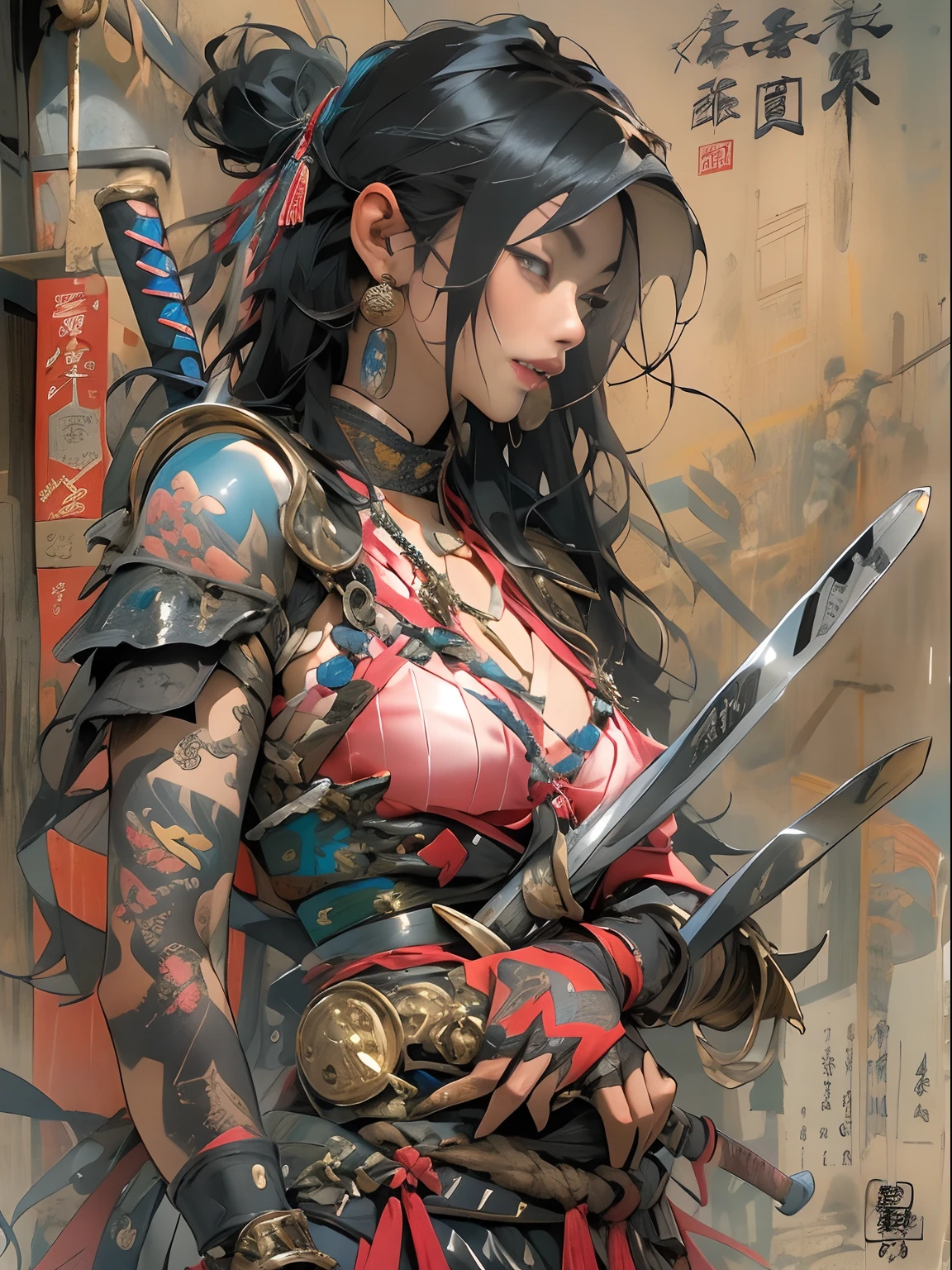 (((woman))), (((best qualityer))), (((tmasterpiece))), (((AS-Adult))), ((( Japanese ))), Look up from your knees, A beautiful asian samurai woman with perfect body, Modern samurai, ((( Asian))), Wear gloves on your hands,The left arm is made of steel and metal tips,Made of protective devices, The eyes are pulled, (( Appears below the breast )), (( Small dental floss )), Simon Bisley, Almost naked(Simon Bisley)Castle City Wilderness,For high-resolution posters, hair straight, Minimum clothing, armure (Crazy clothes ), Full of tips and rivets, tribal tattoos, (((full bodyesbian))), Straight brunette hair,Colored hair ends