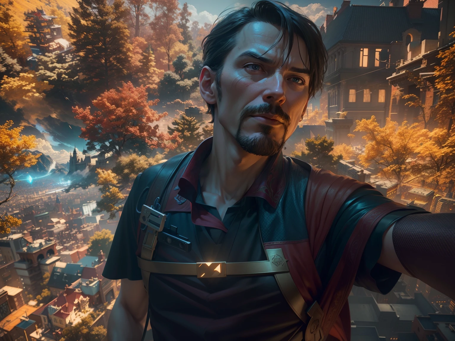 (detailed:1.15), 
Doctor Strange taking a selfie with a iphone on top of a building on palace , fish eye lens, high detail, ultra realistic, cinematic lighting, portrait painting, photorealistic, Color Grading, portrait Photography, hyper - detailed, beautifully color graded, Unreal Engine5, Cinematic 8K,