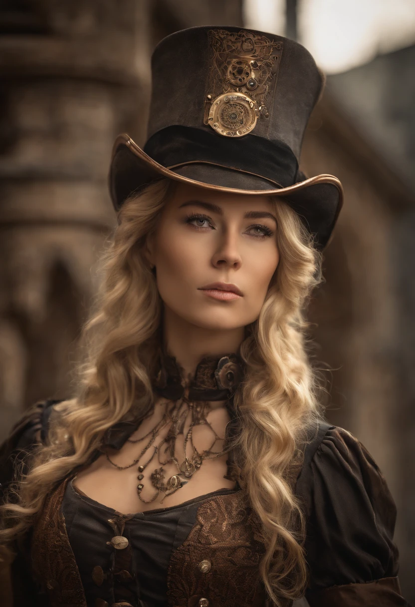 (((masterpiece))) ((high resolution)), beautiful steampunk blonde slightly smiling Spanish senorita, wavy hair, perfect beautiful face, shapely legs, ultra-detailed facial features, sharp symmetrical eyes, soft skin, steampunk, analog photography, extremely detailed, ultra-realistic, unreal engine, intricate details, very pretty, stunning, intricate detail, hyper-realistic, intricate detail, highly detailed, intricately detailed steampunk, wide depth of field,