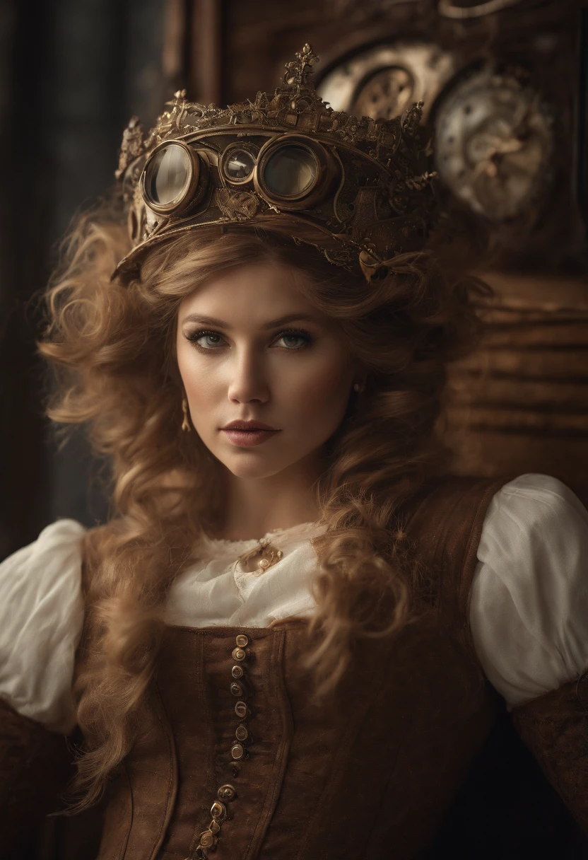 (((masterpiece))) ((high resolution)), beautiful steampunk blonde slightly smiling Spanish senorita, wavy hair, perfect beautiful face, shapely legs, ultra-detailed facial features, sharp symmetrical eyes, soft skin, steampunk, analog photography, extremely detailed, ultra-realistic, unreal engine, intricate details, very pretty, stunning, intricate detail, hyper-realistic, intricate detail, highly detailed, intricately detailed steampunk, wide depth of field,