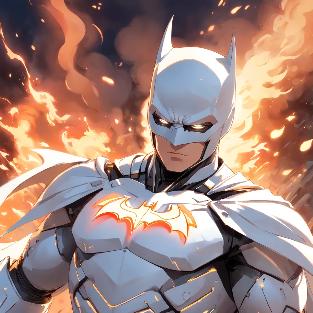 A realistic white batman in an advanced cybernetic suit, armadura de porcelana, hiper realista, on the battlefield in the midst of smoke and flames
