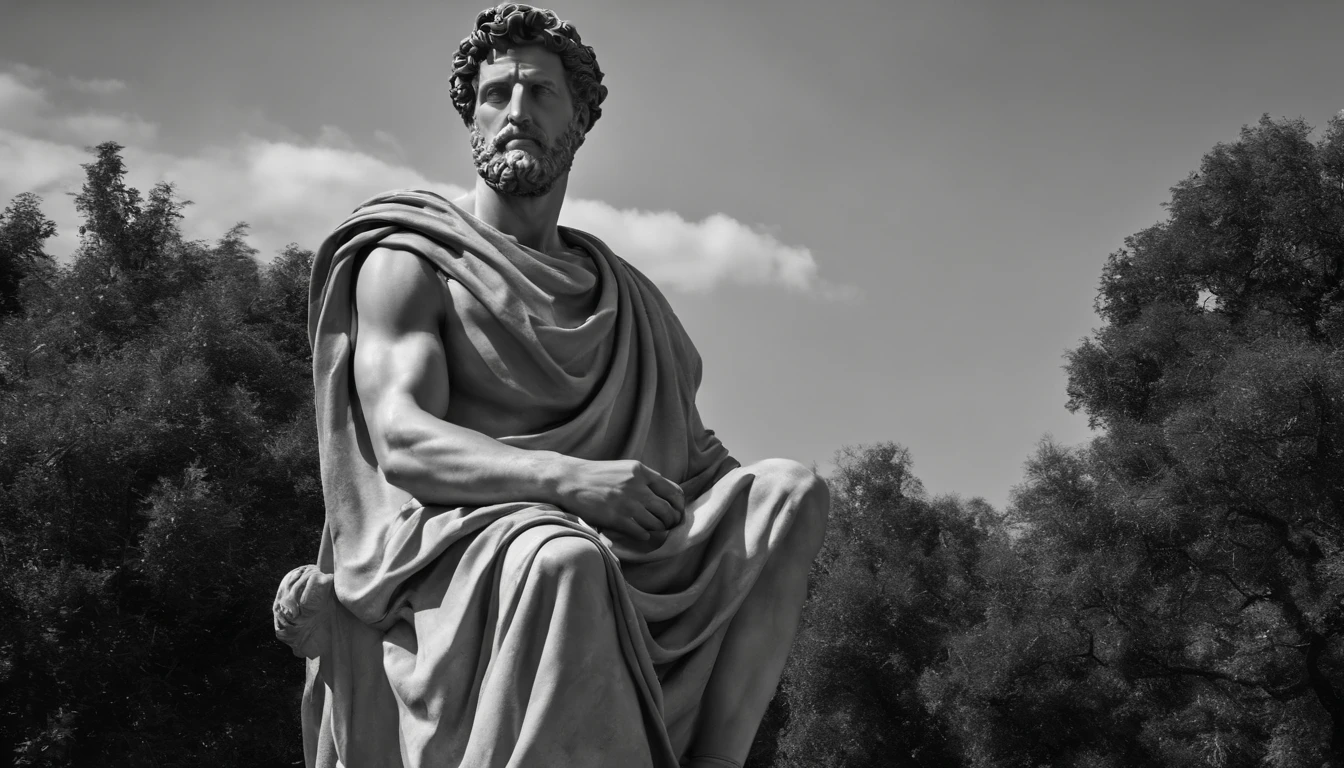 a full-body statue, forte, muscular Stoic Marcus Aurelius in black and white 4K,Face de lado, papel de parede super realista